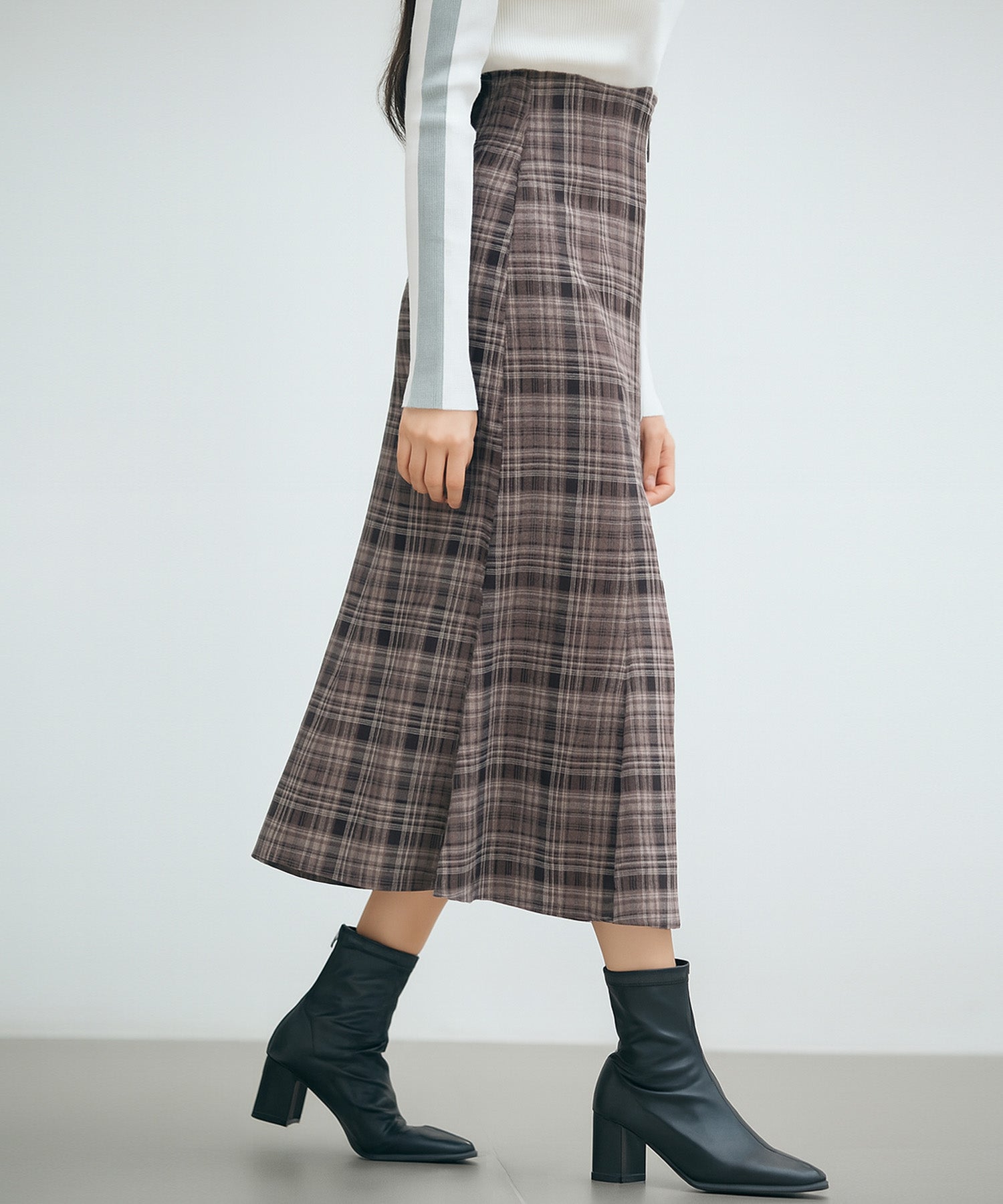 チェックのハイウエストロングスカートsdp0319 ブラウン