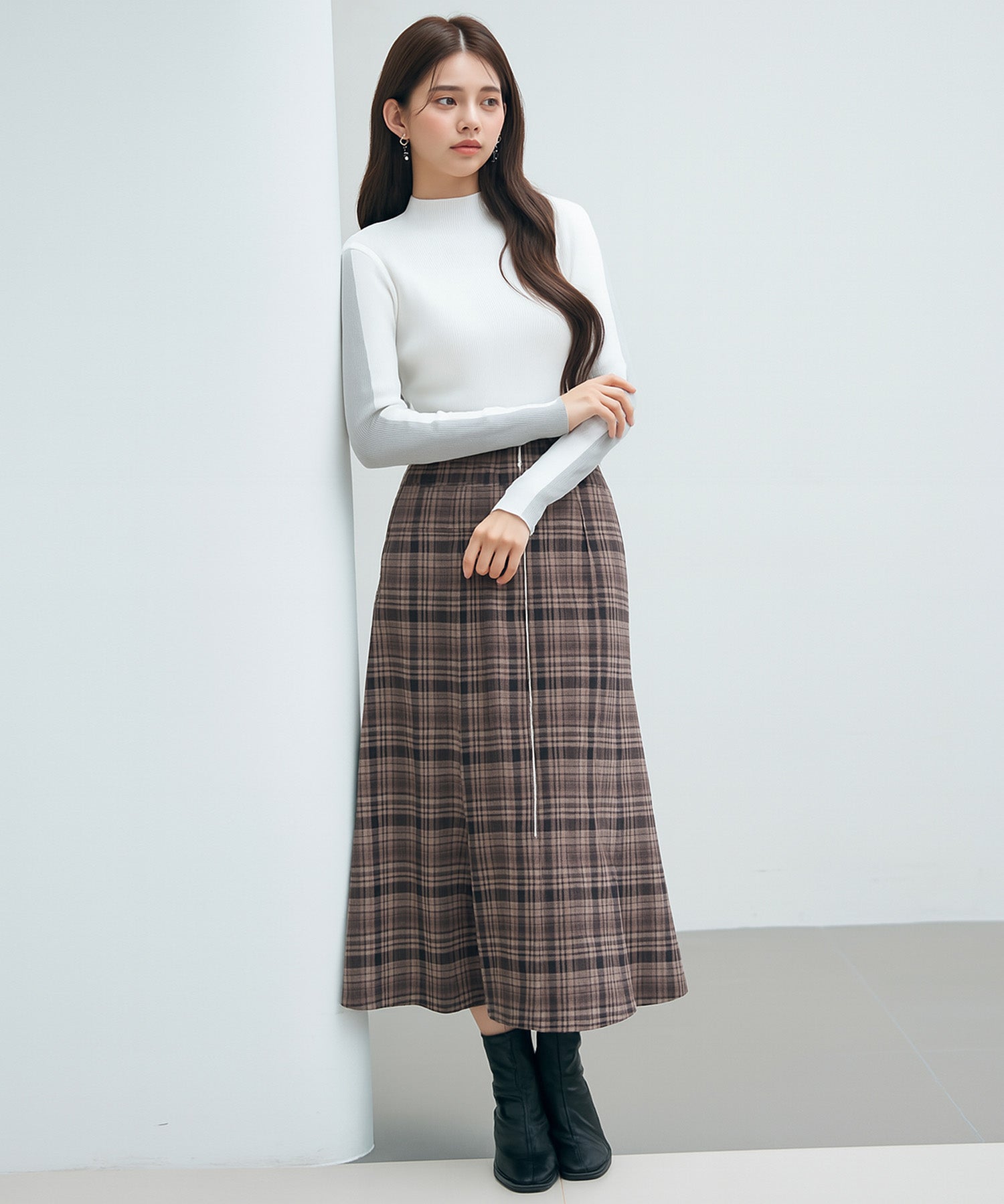 チェックのハイウエストロングスカートsdp0319 ブラウン