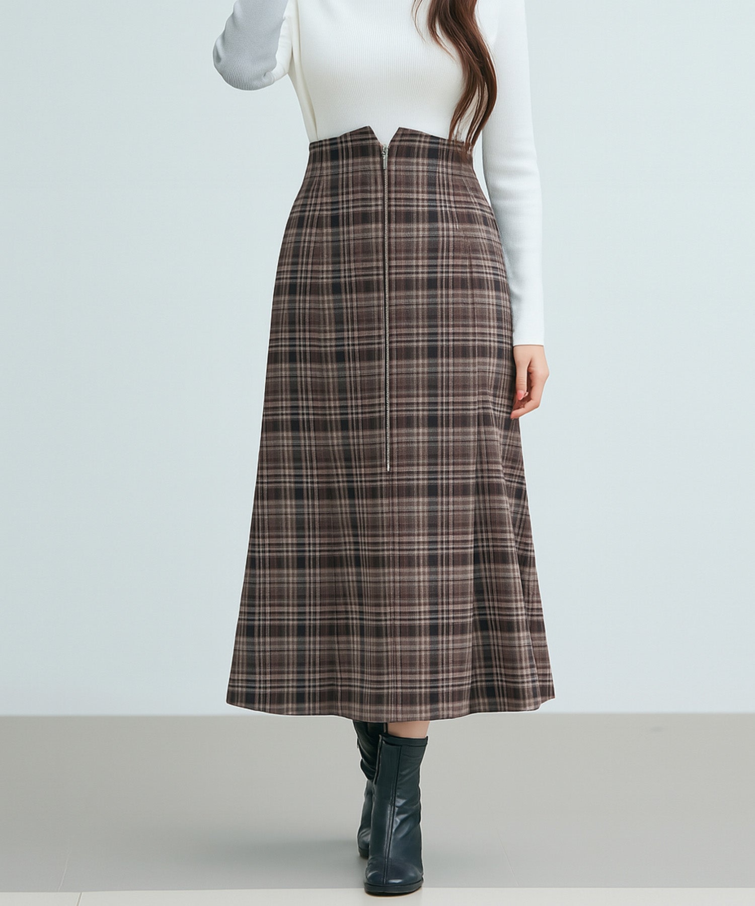 チェックのハイウエストロングスカートsdp0319 ブラウン
