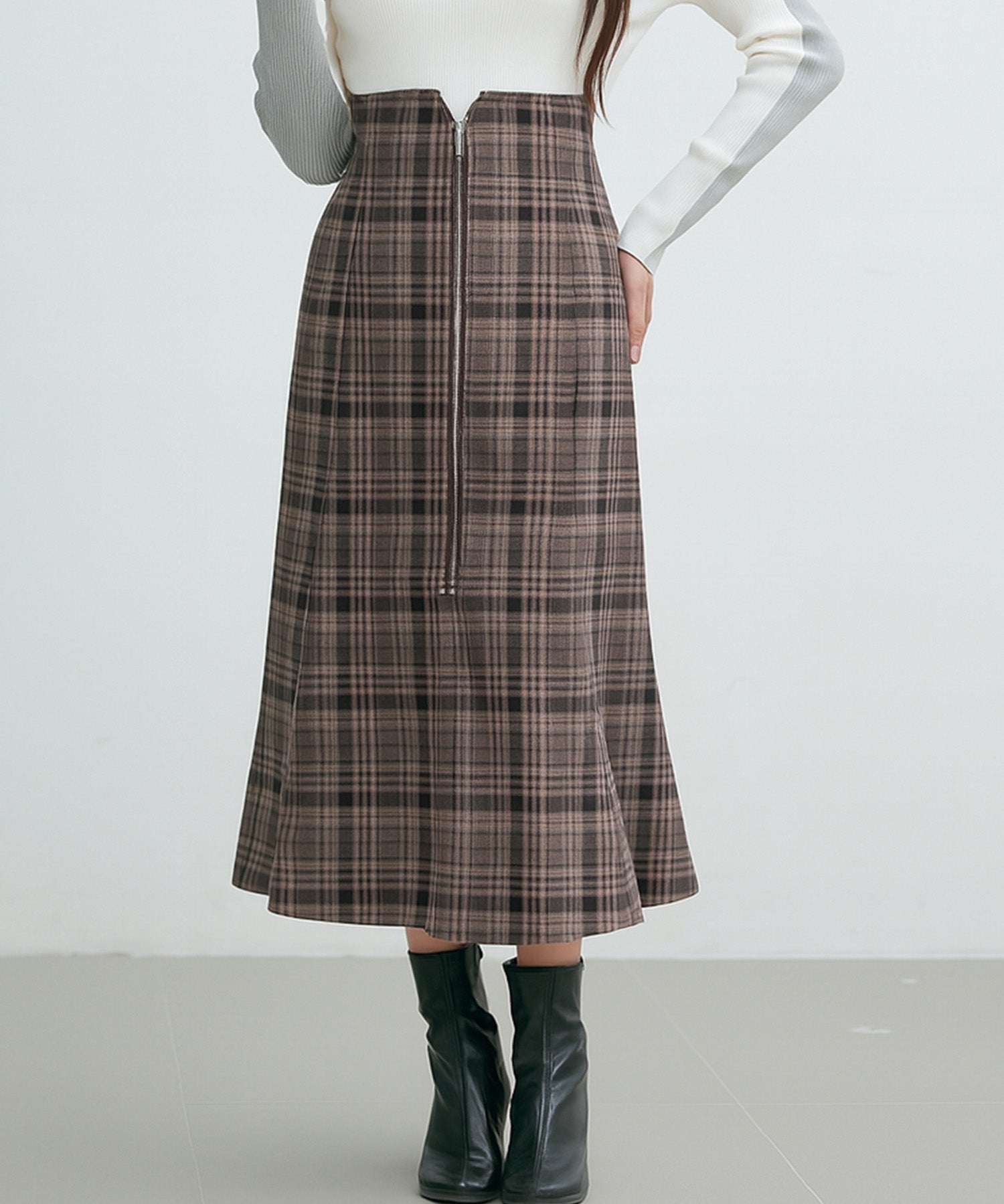 チェックのハイウエストロングスカートsdp0319 ブラウン
