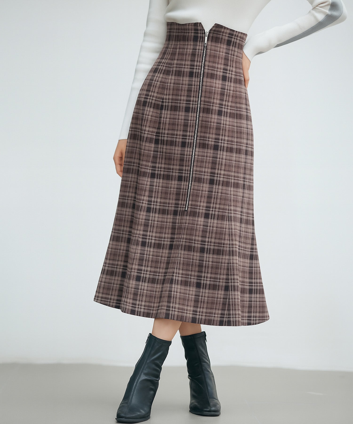 チェックのハイウエストロングスカートsdp0319 ブラウン