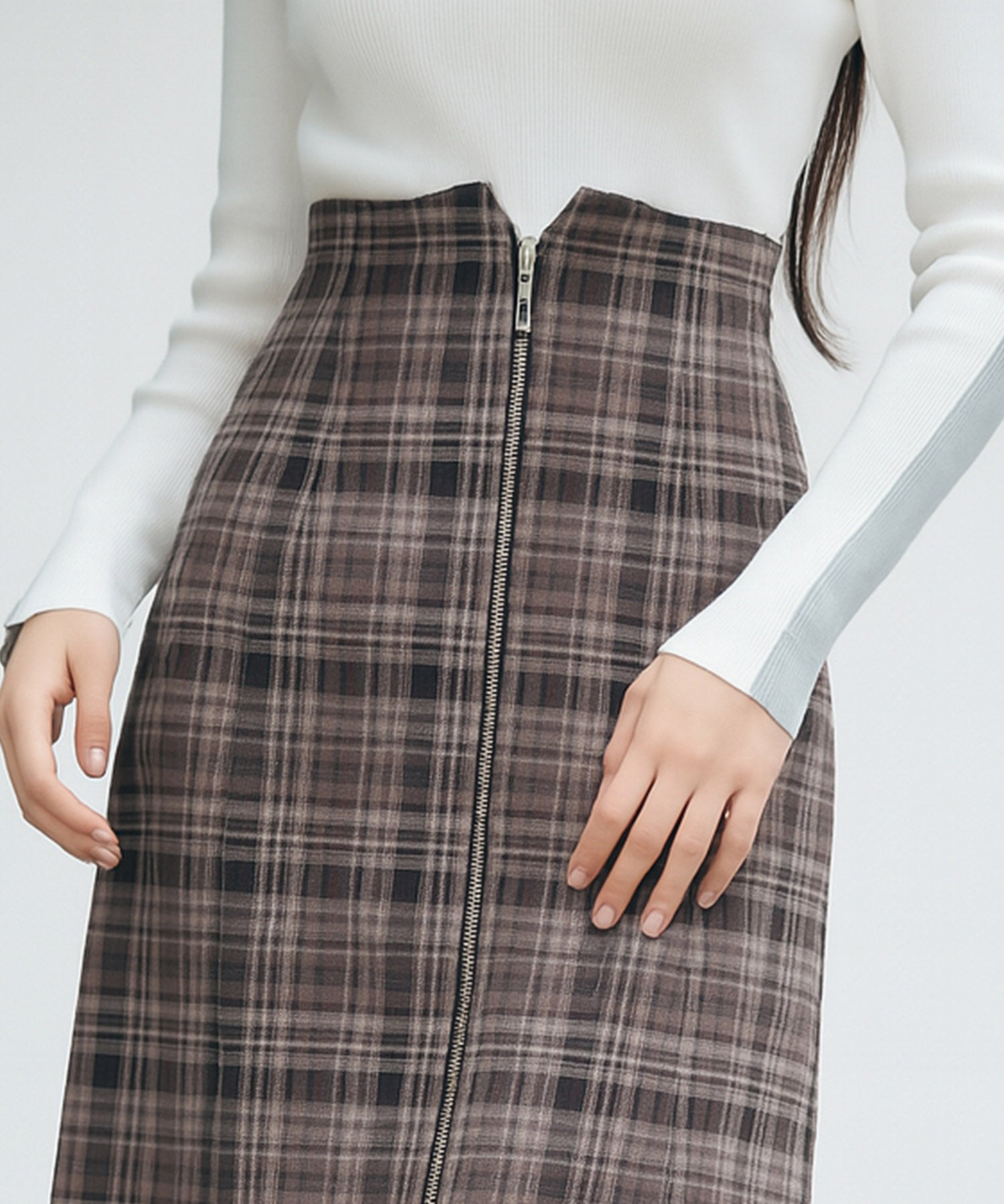 チェックのハイウエストロングスカートsdp0319 ブラウン