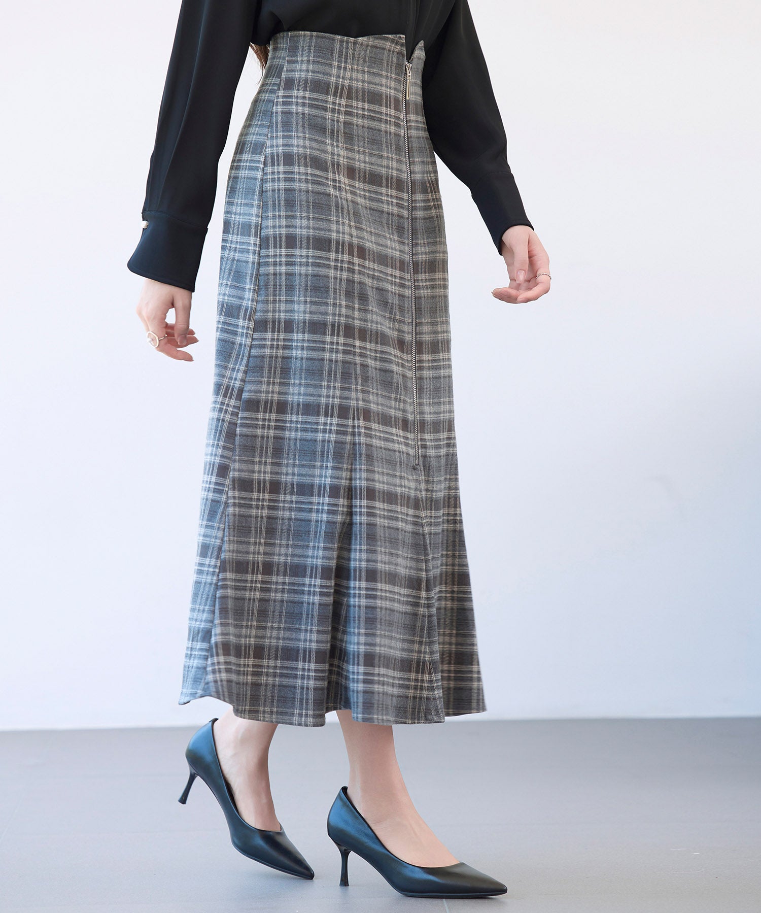 チェックのハイウエストロングスカートsdp0319 チャコール