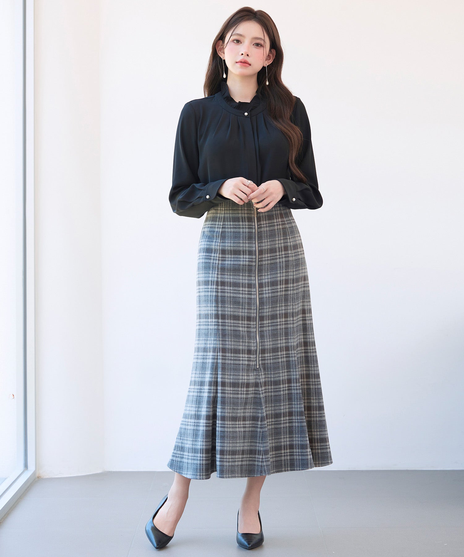 チェックのハイウエストロングスカートsdp0319 チャコール
