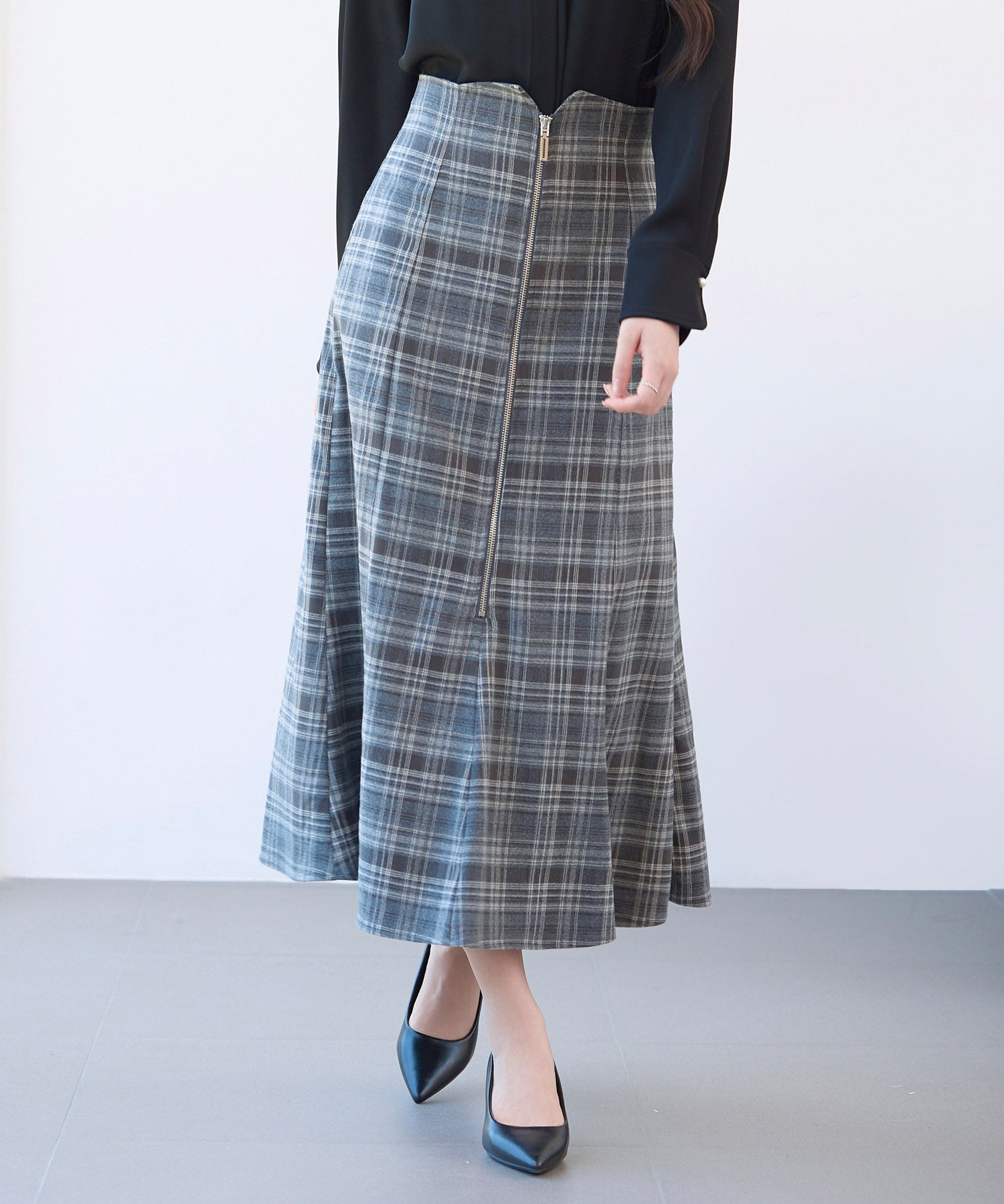 チェックのハイウエストロングスカートsdp0319 チャコール