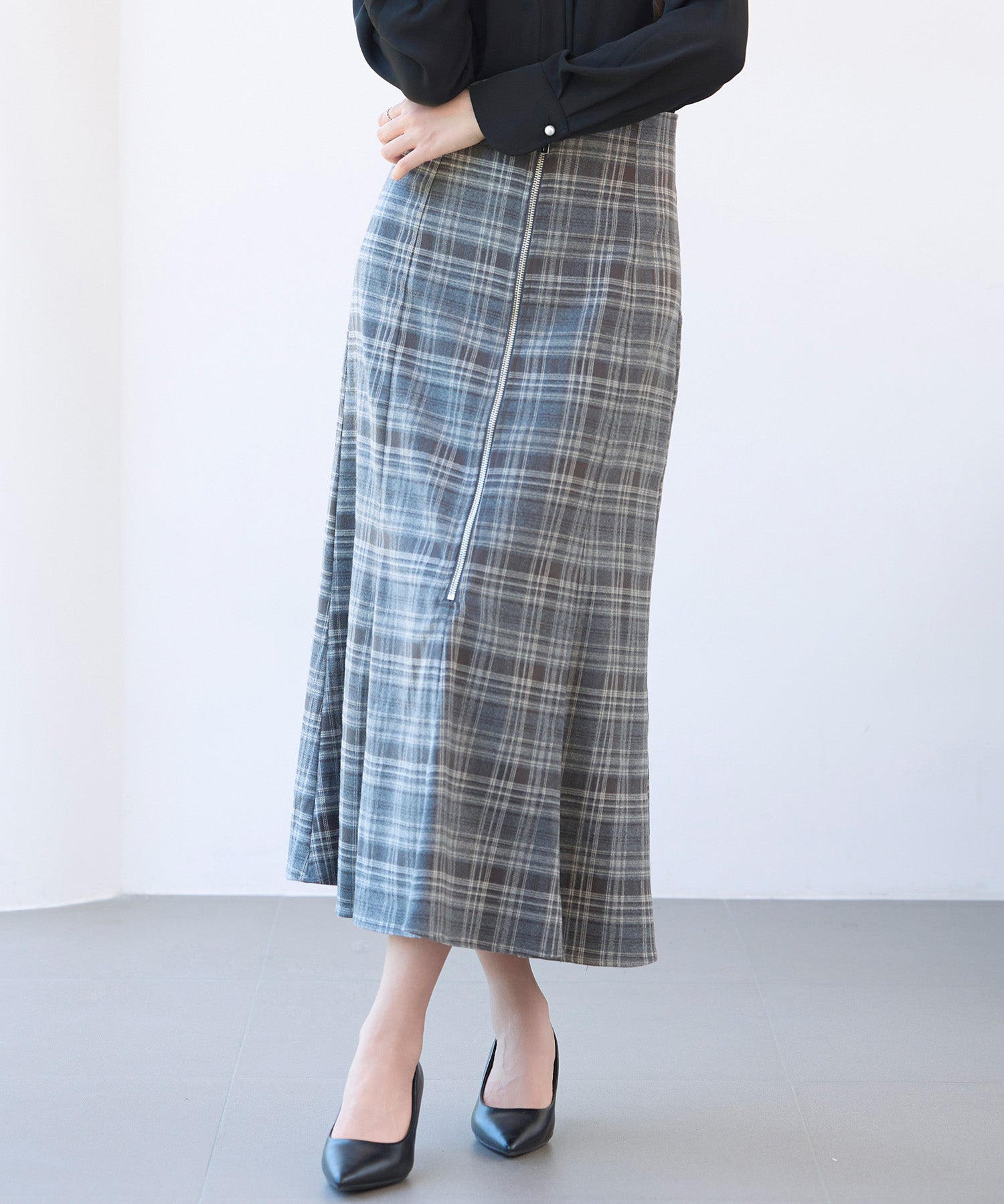 チェックのハイウエストロングスカートsdp0319 チャコール