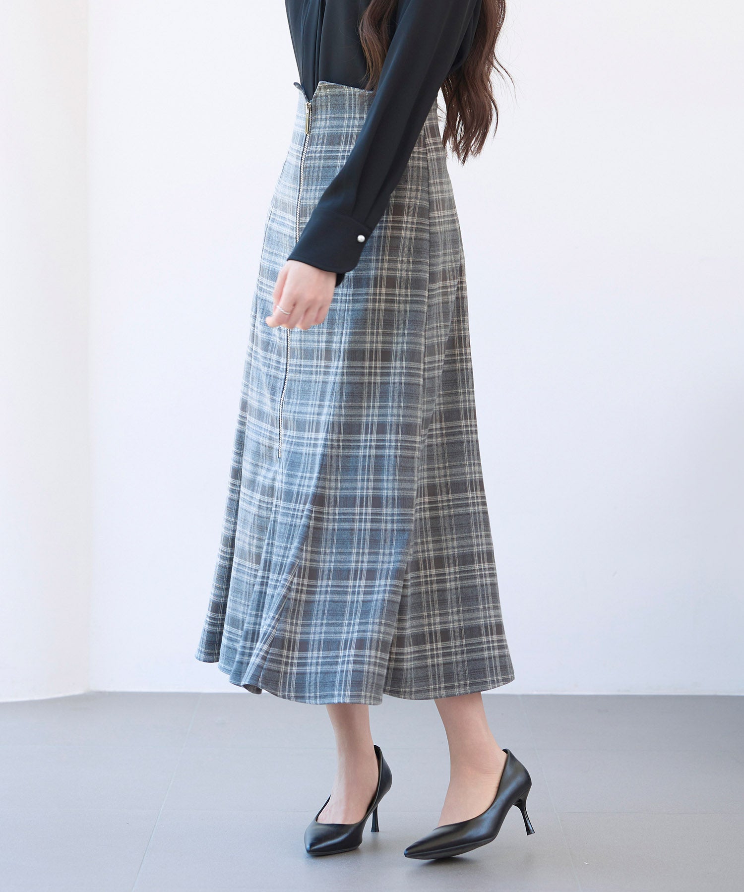 チェックのハイウエストロングスカートsdp0319 チャコール