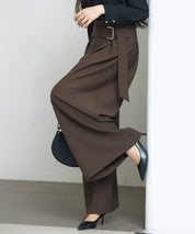 太めの飾りベルトワイドスラックスパンツsdp0322 チョコ