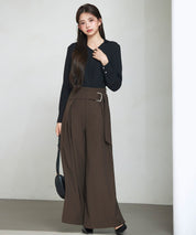 太めの飾りベルトワイドスラックスパンツsdp0322 チョコ