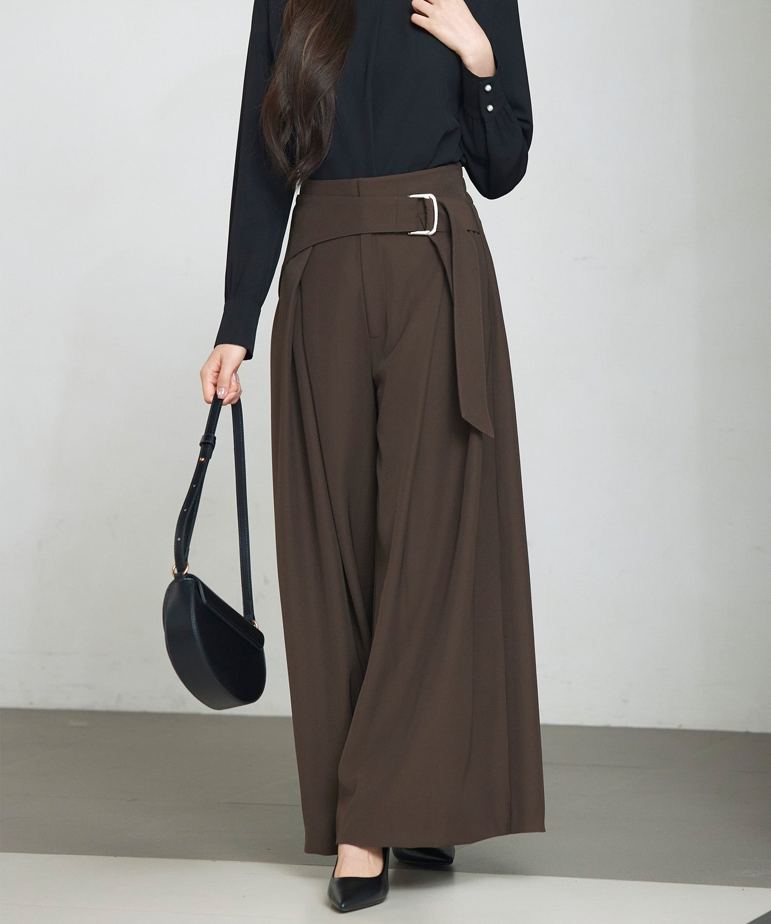 太めの飾りベルトワイドスラックスパンツsdp0322 チョコ
