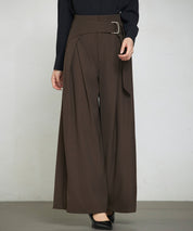 太めの飾りベルトワイドスラックスパンツsdp0322 チョコ