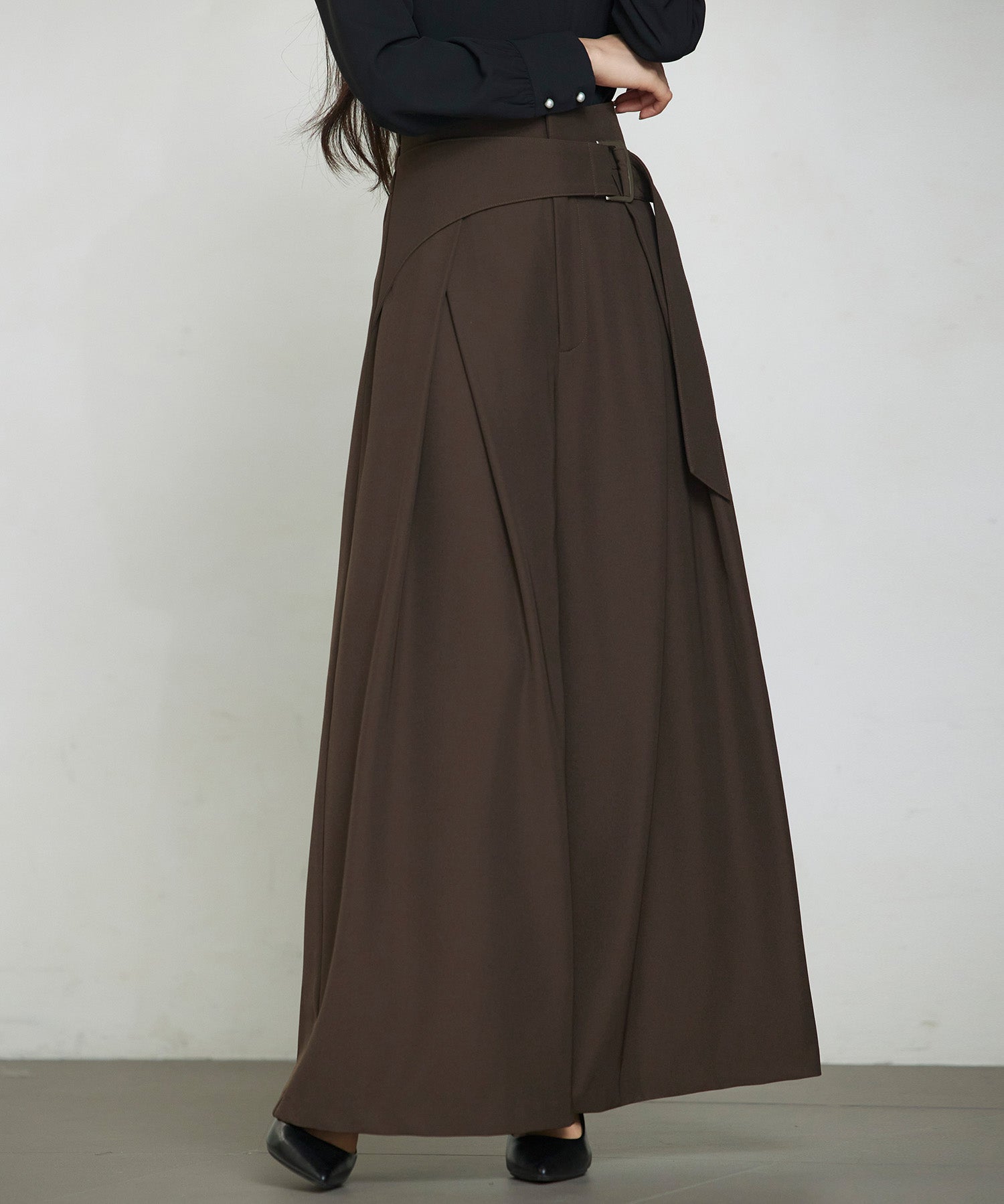 太めの飾りベルトワイドスラックスパンツsdp0322 チョコ