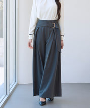 太めの飾りベルトワイドスラックスパンツsdp0322 チャコール