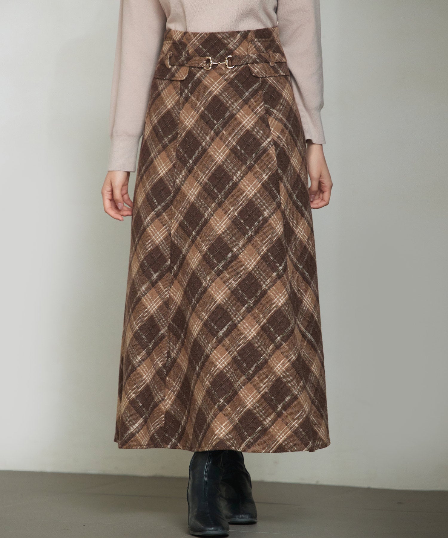チェック柄ハイウェイトロング丈スカートsdp0326 ブラウン