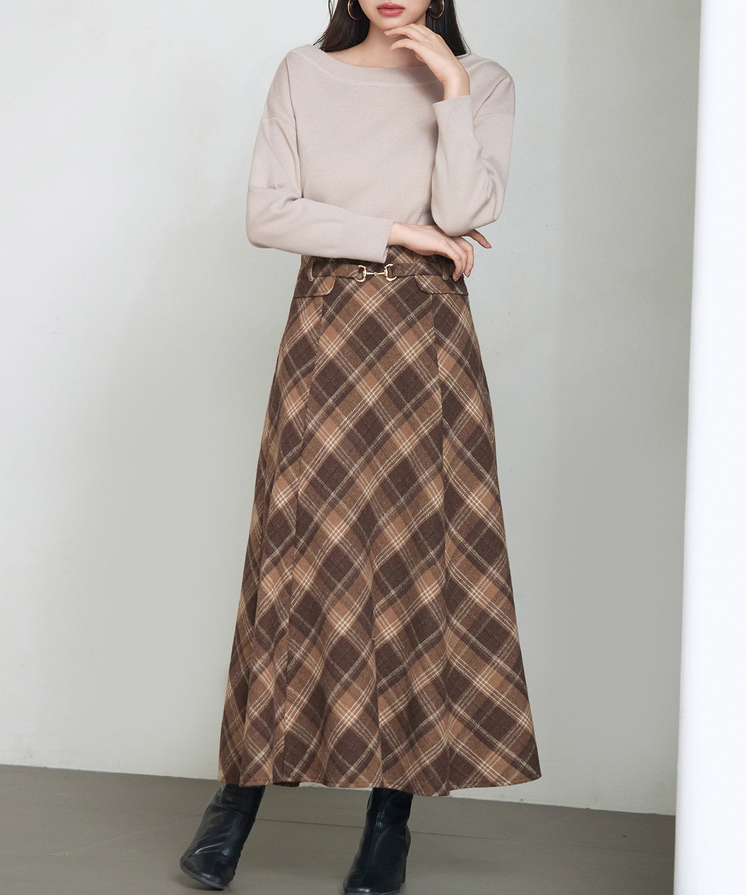 チェック柄ハイウェイトロング丈スカートsdp0326 ブラウン