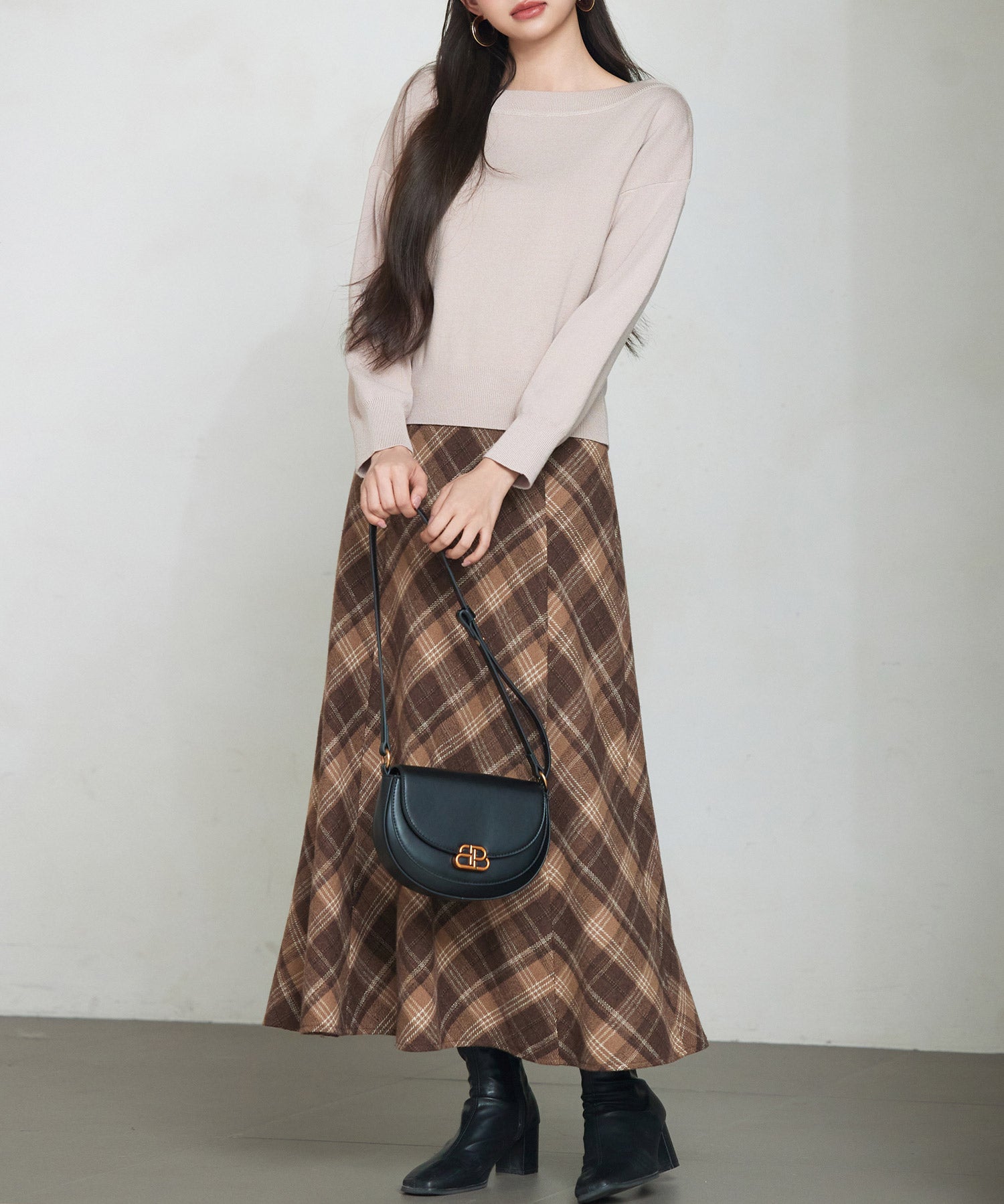 チェック柄ハイウェイトロング丈スカートsdp0326 ブラウン