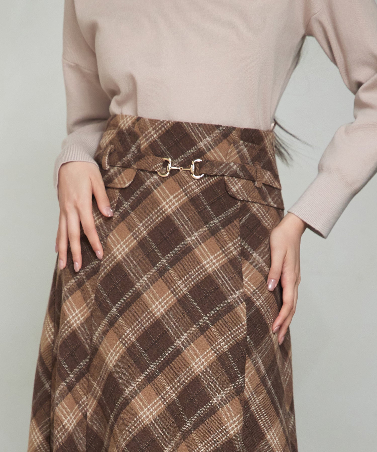 チェック柄ハイウェイトロング丈スカートsdp0326 ブラウン