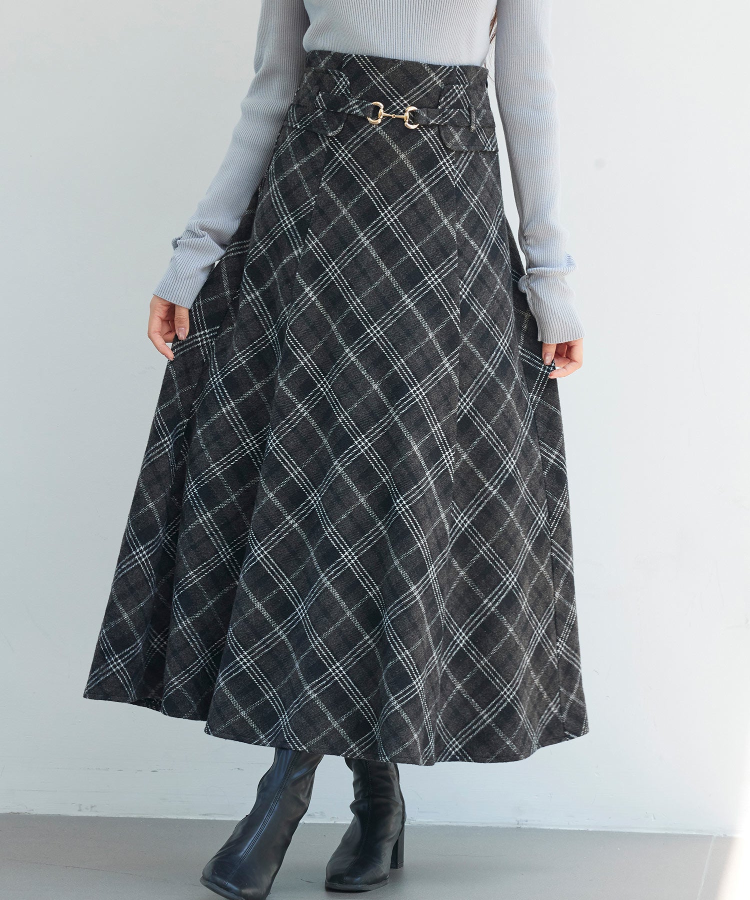 チェック柄ハイウェイトロング丈スカートsdp0326 ブラック