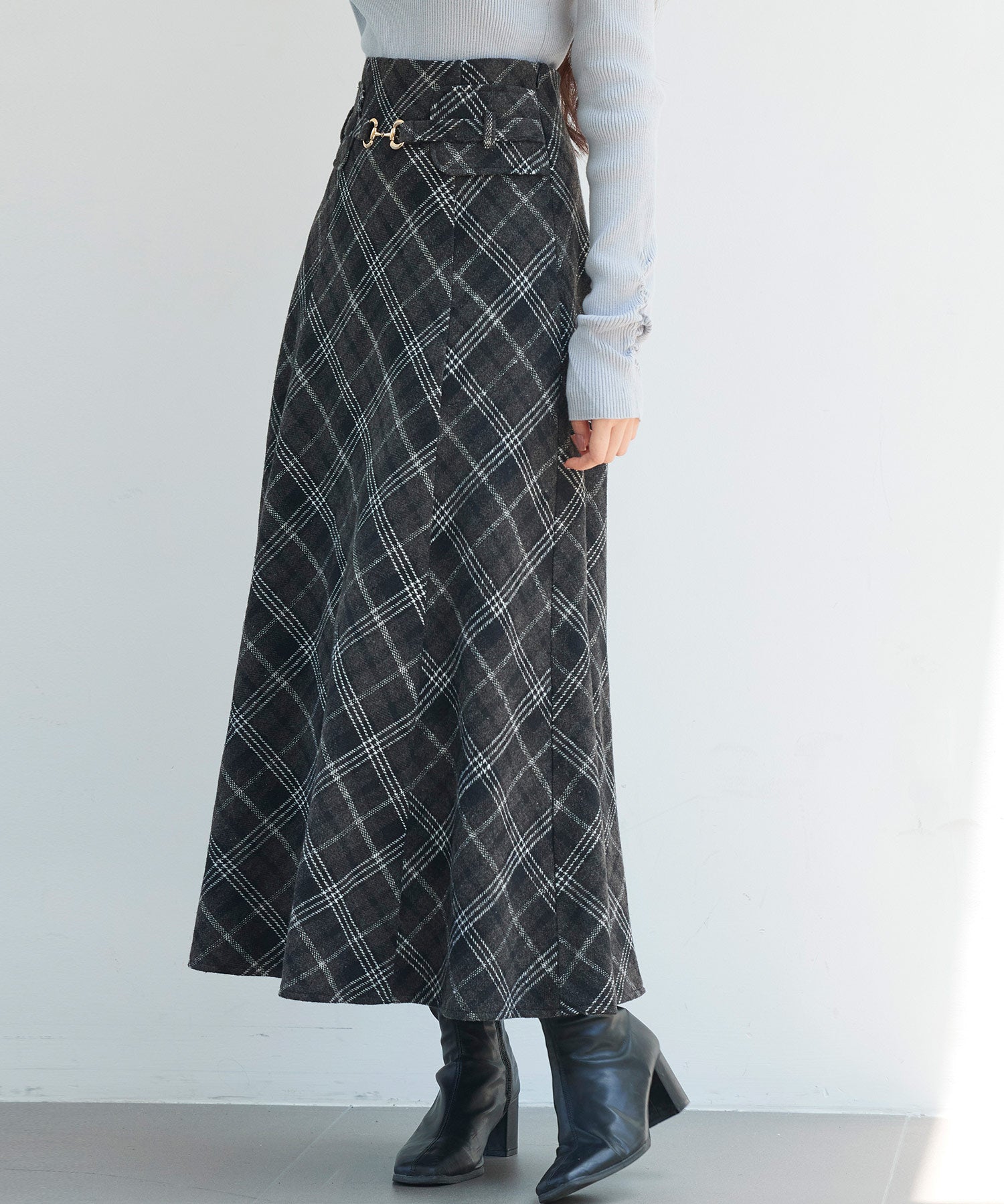 チェック柄ハイウェイトロング丈スカートsdp0326 ブラック