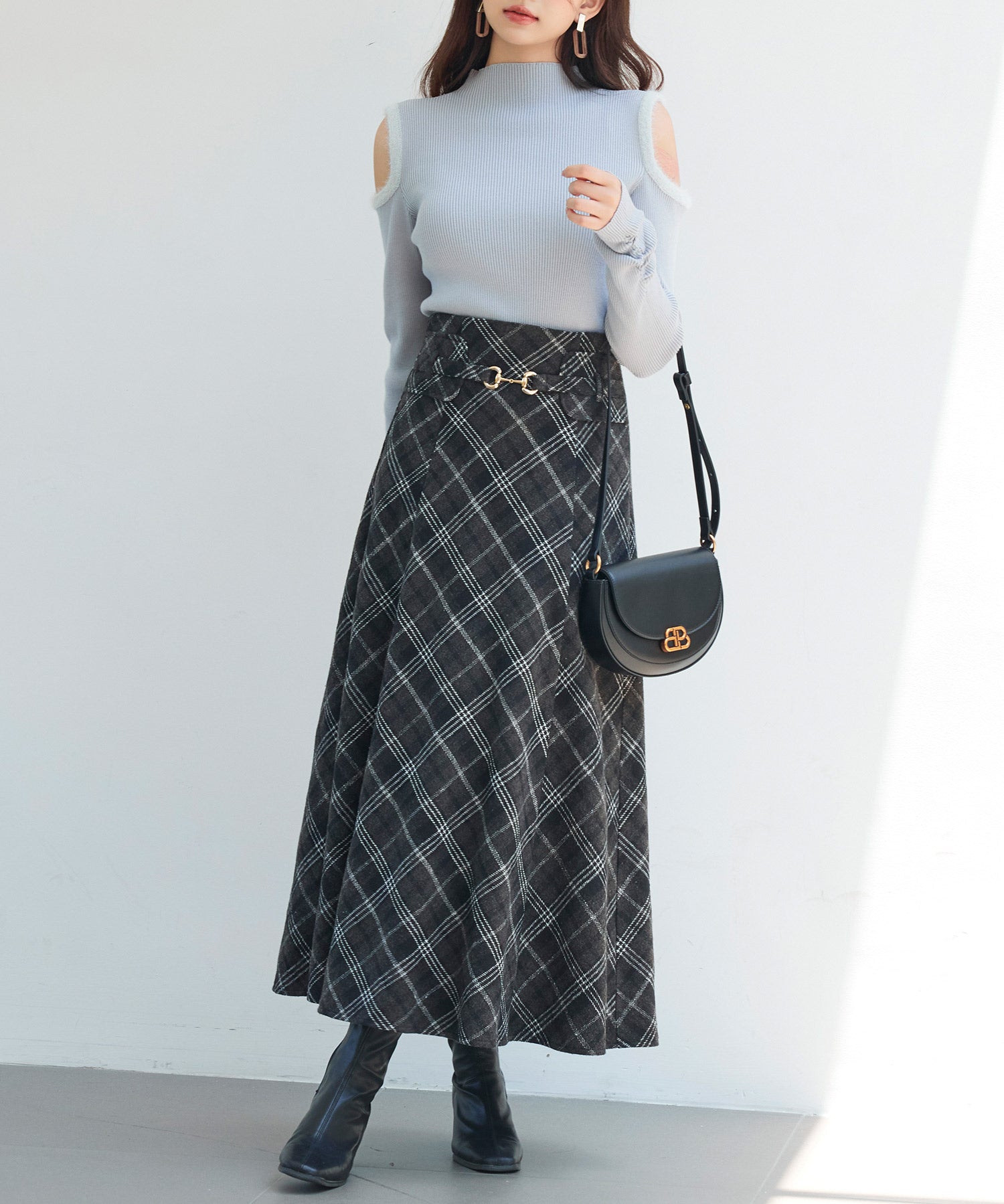 チェック柄ハイウェイトロング丈スカートsdp0326 ブラック