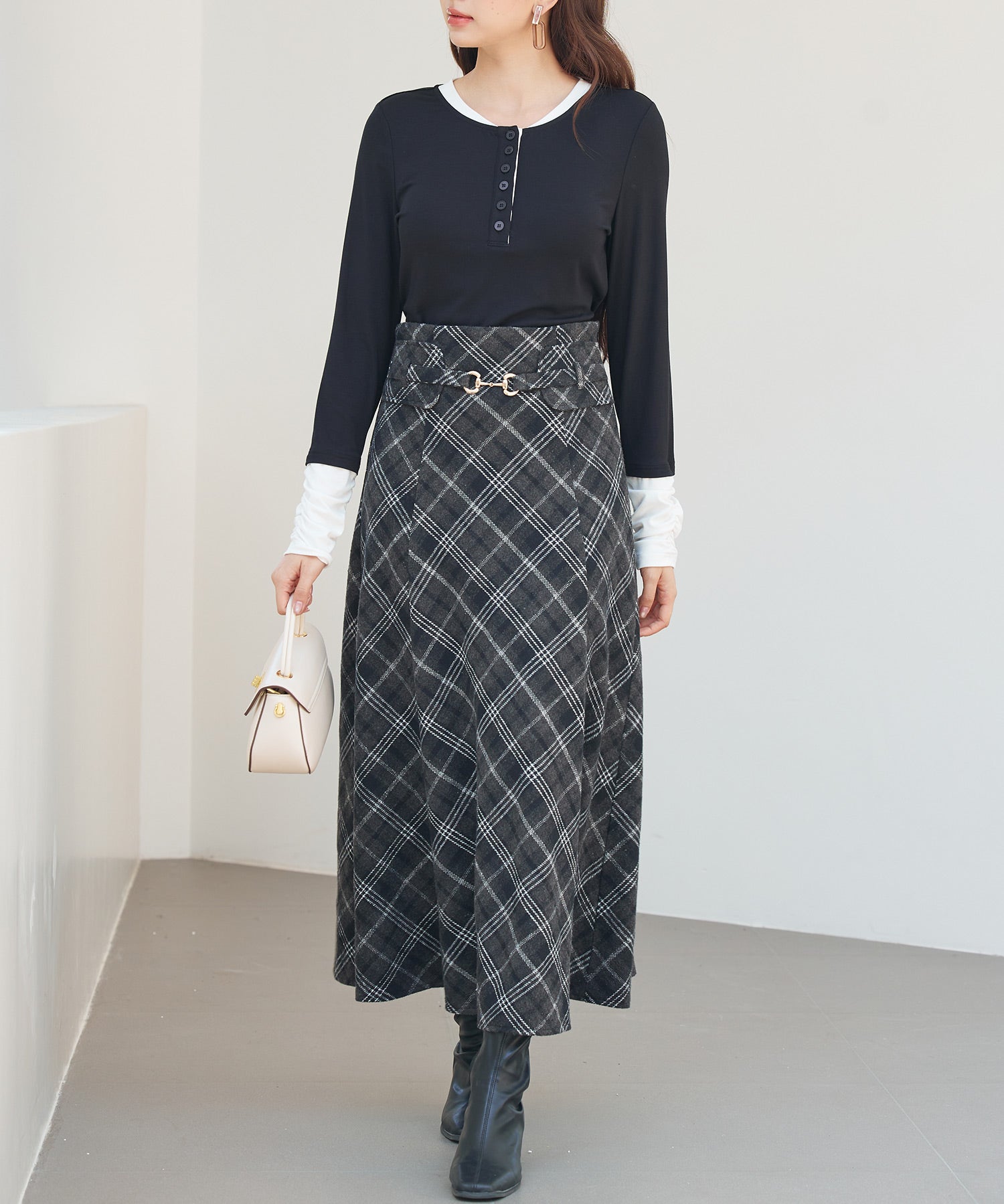 チェック柄ハイウェイトロング丈スカートsdp0326 ブラック