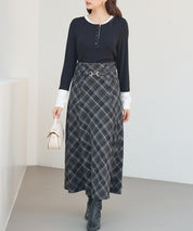 チェック柄ハイウェイトロング丈スカートsdp0326 ブラック