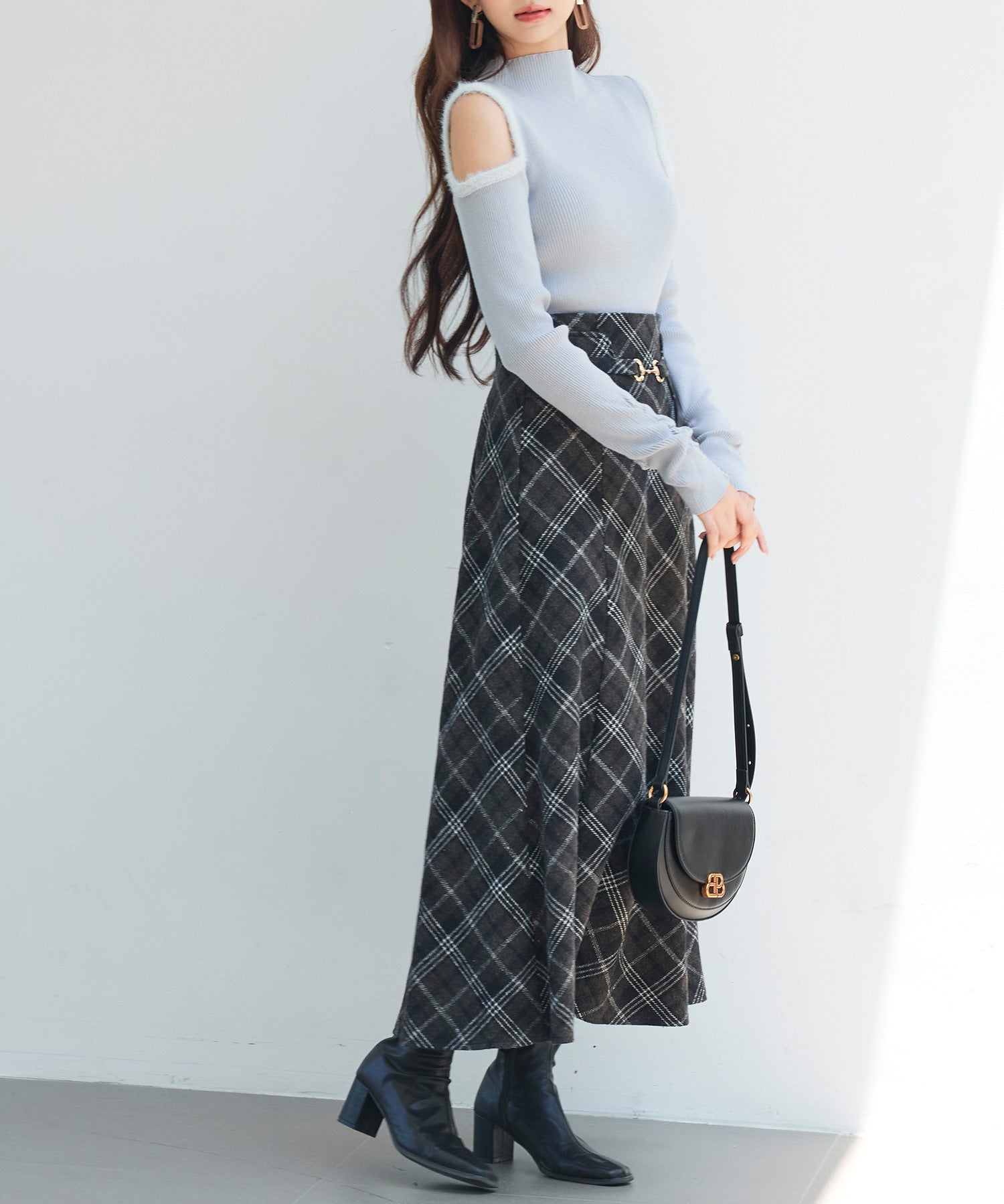 チェック柄ハイウェイトロング丈スカートsdp0326 ブラック