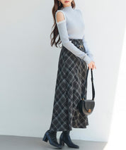 チェック柄ハイウェイトロング丈スカートsdp0326 ブラック