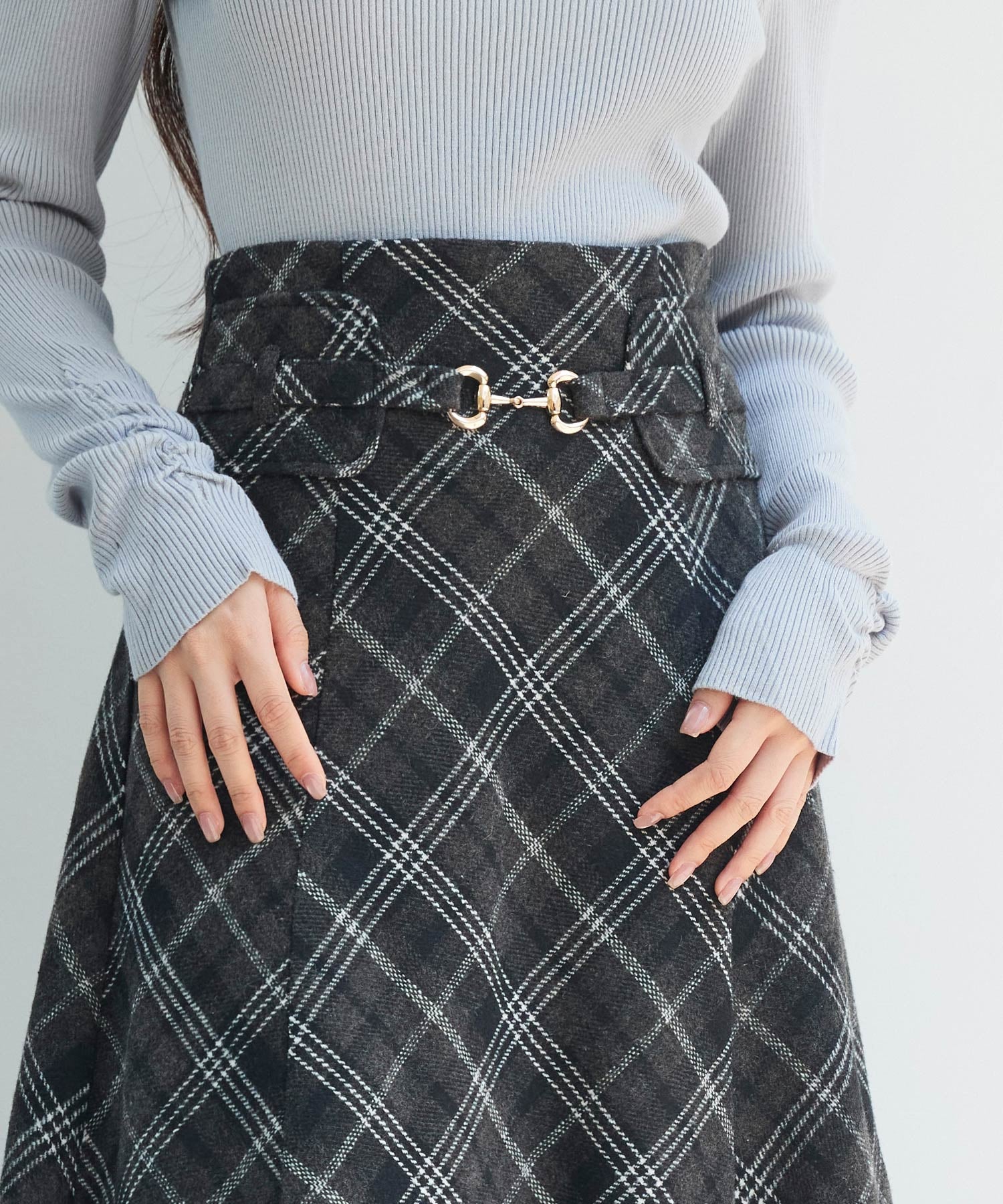 チェック柄ハイウェイトロング丈スカートsdp0326 ブラック