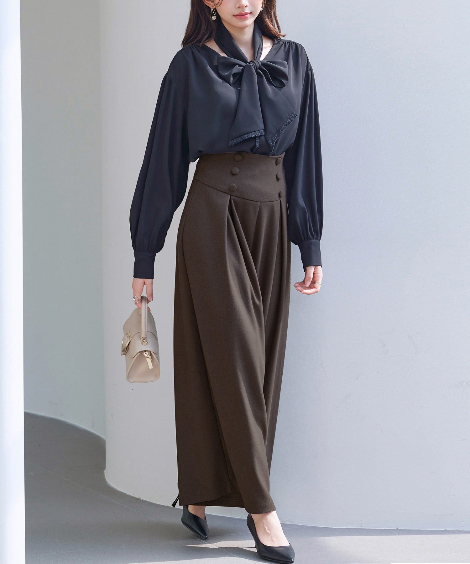 ハイウエストのセーラーワイドパンツsdp0327 ダークブラウン