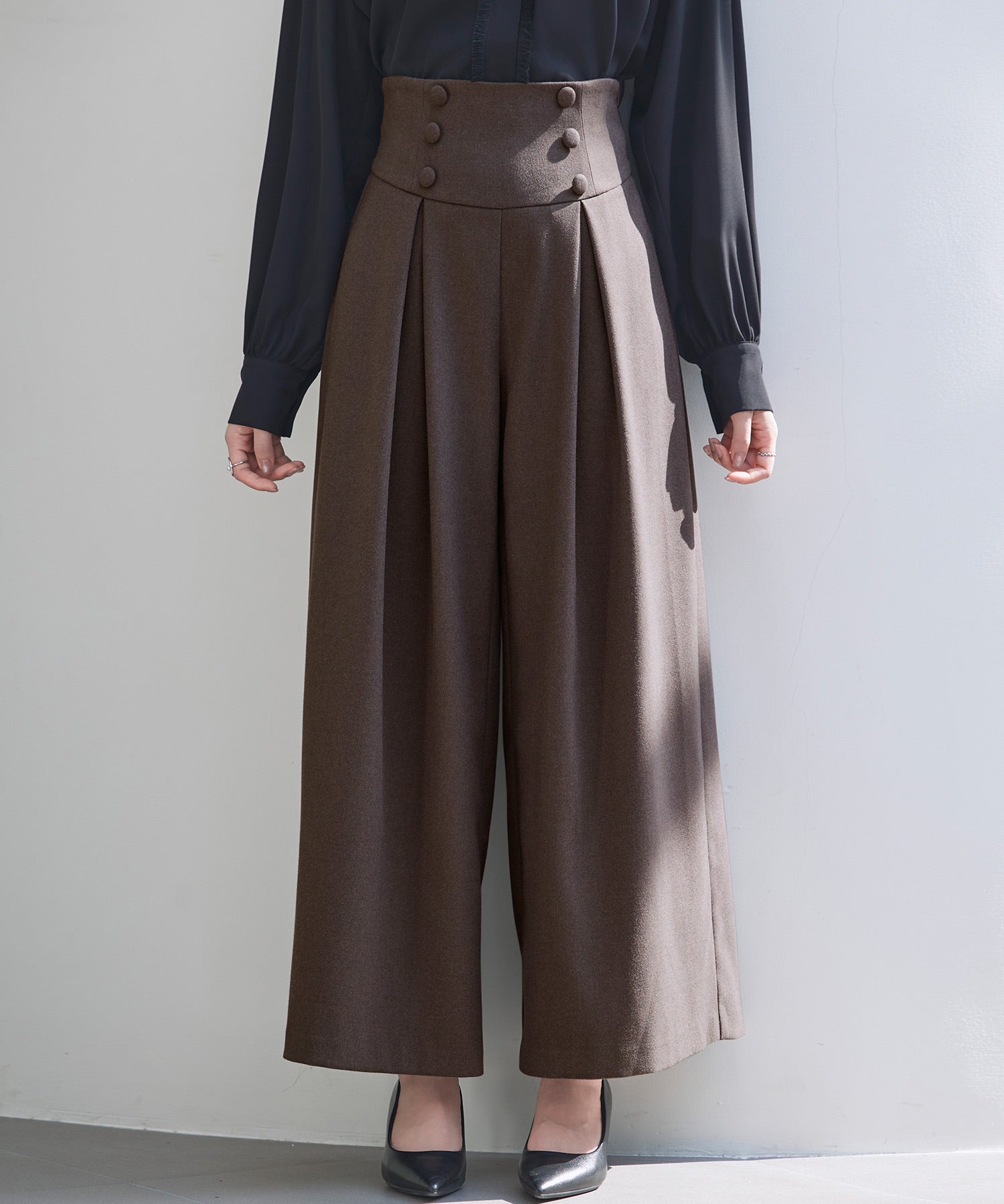 ハイウエストのセーラーワイドパンツsdp0327 ダークブラウン