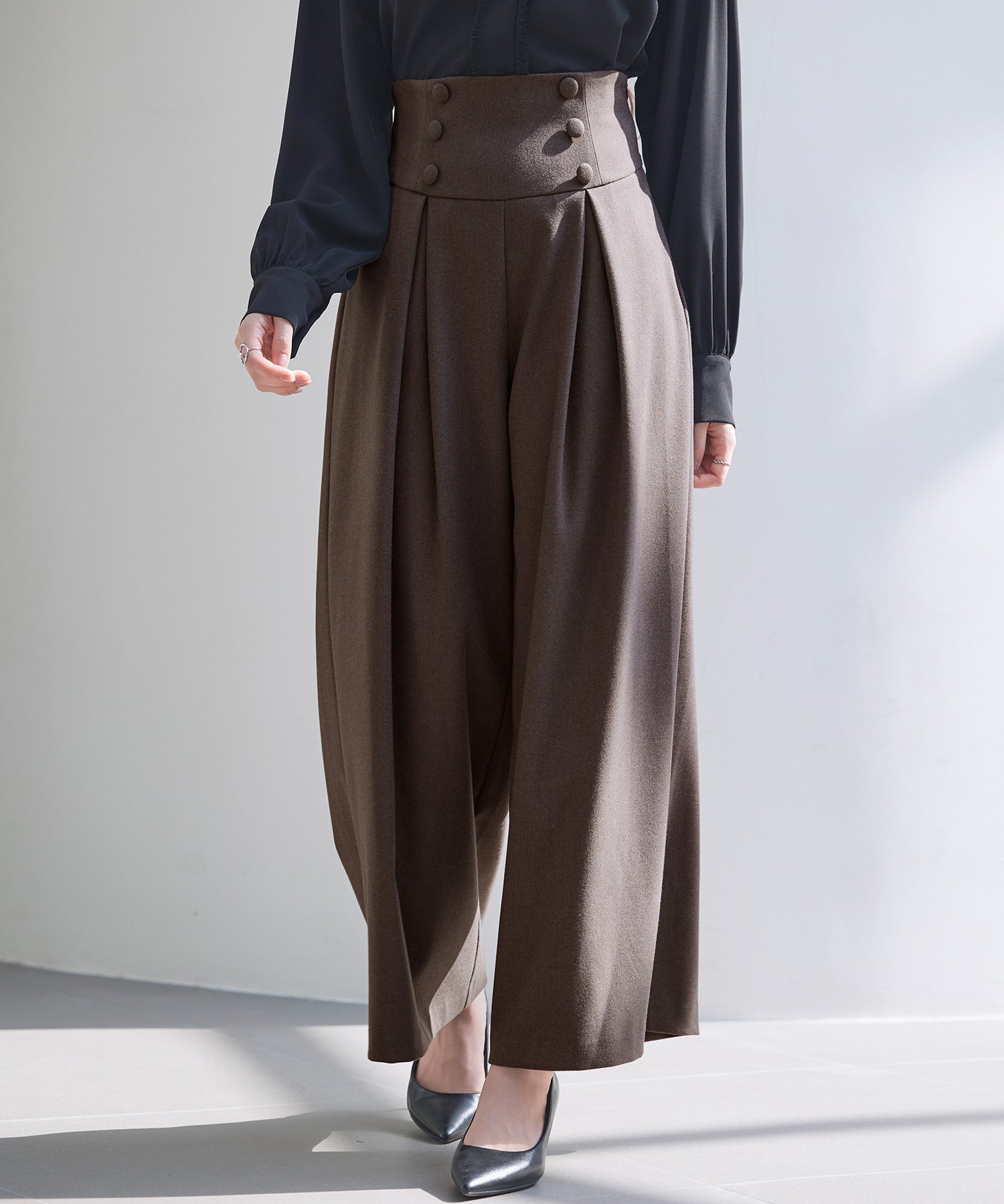 ハイウエストのセーラーワイドパンツsdp0327 ダークブラウン
