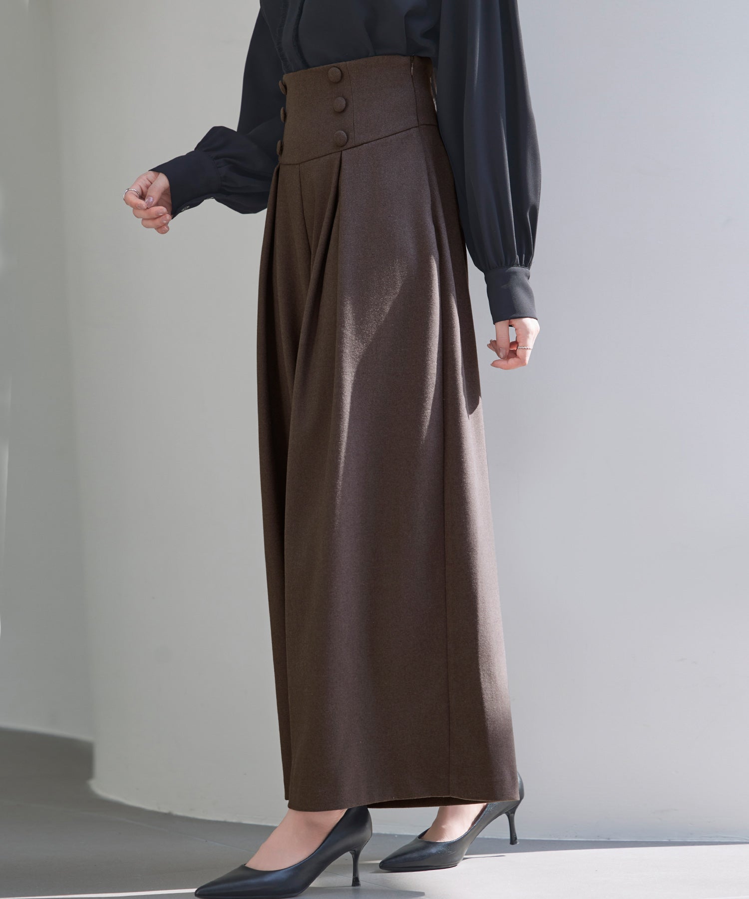 ハイウエストのセーラーワイドパンツsdp0327 ダークブラウン