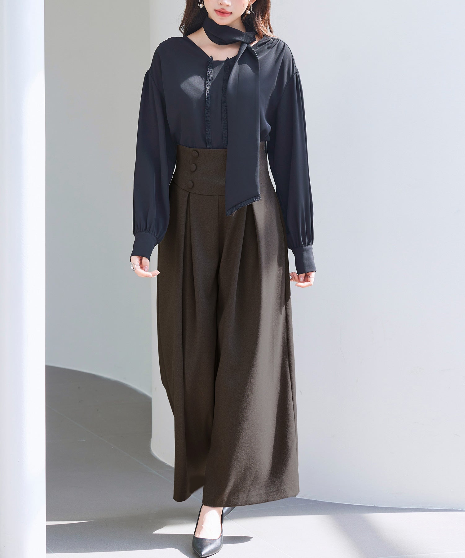 ハイウエストのセーラーワイドパンツsdp0327 ダークブラウン