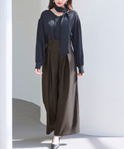 ハイウエストのセーラーワイドパンツsdp0327 ダークブラウン