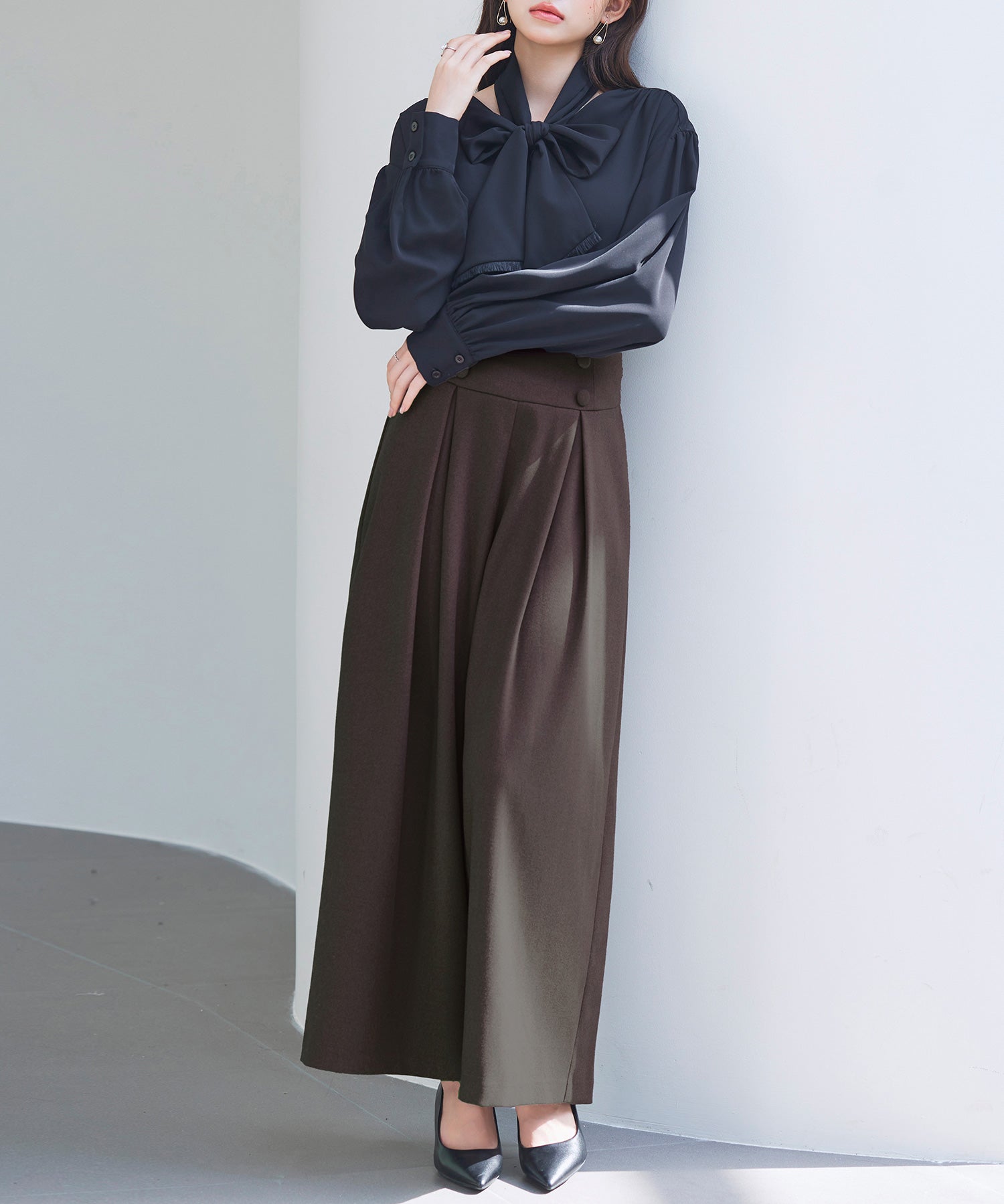 ハイウエストのセーラーワイドパンツsdp0327 ダークブラウン