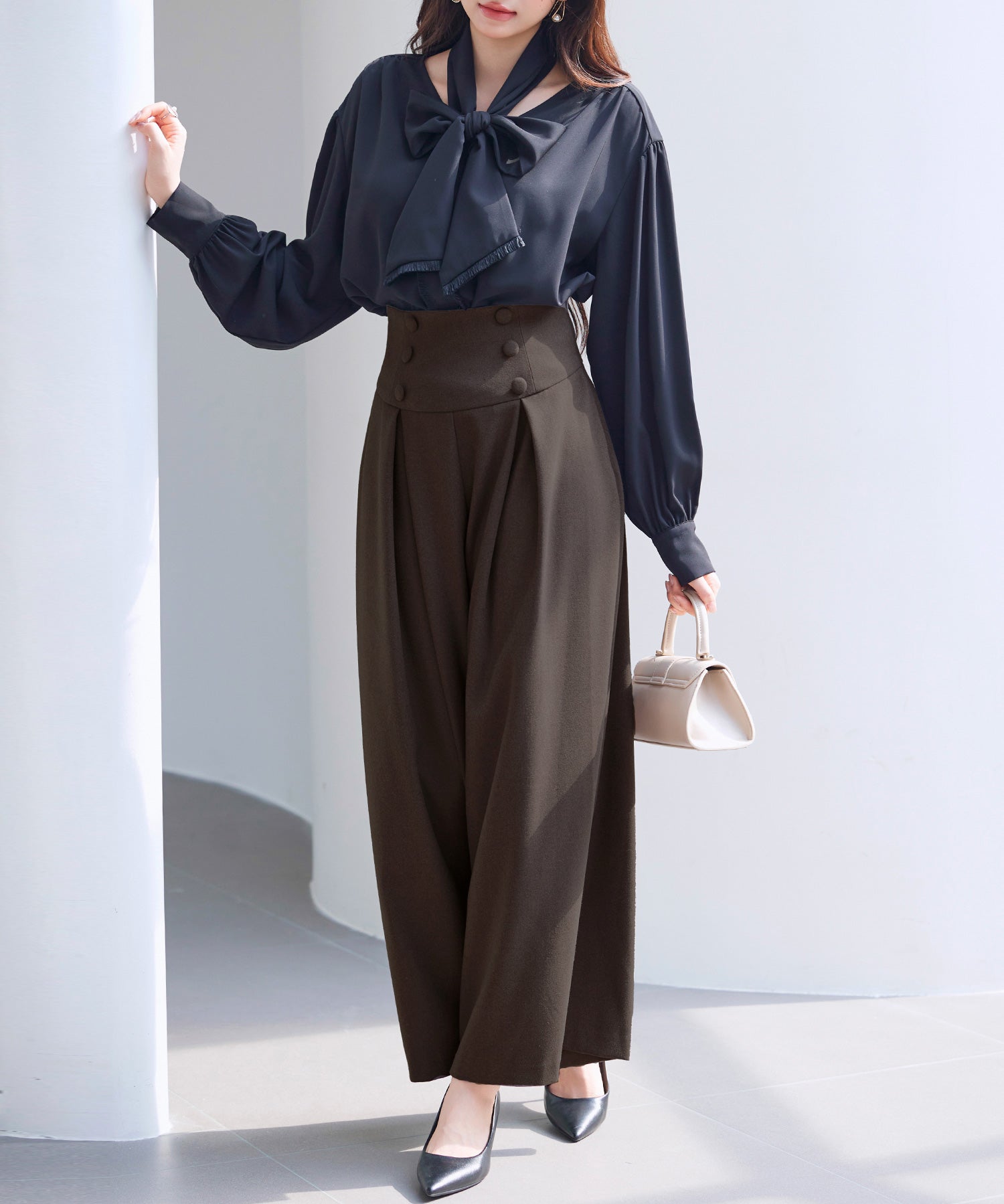 ハイウエストのセーラーワイドパンツsdp0327 ダークブラウン
