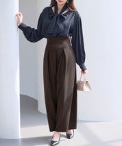 ハイウエストのセーラーワイドパンツsdp0327 ダークブラウン