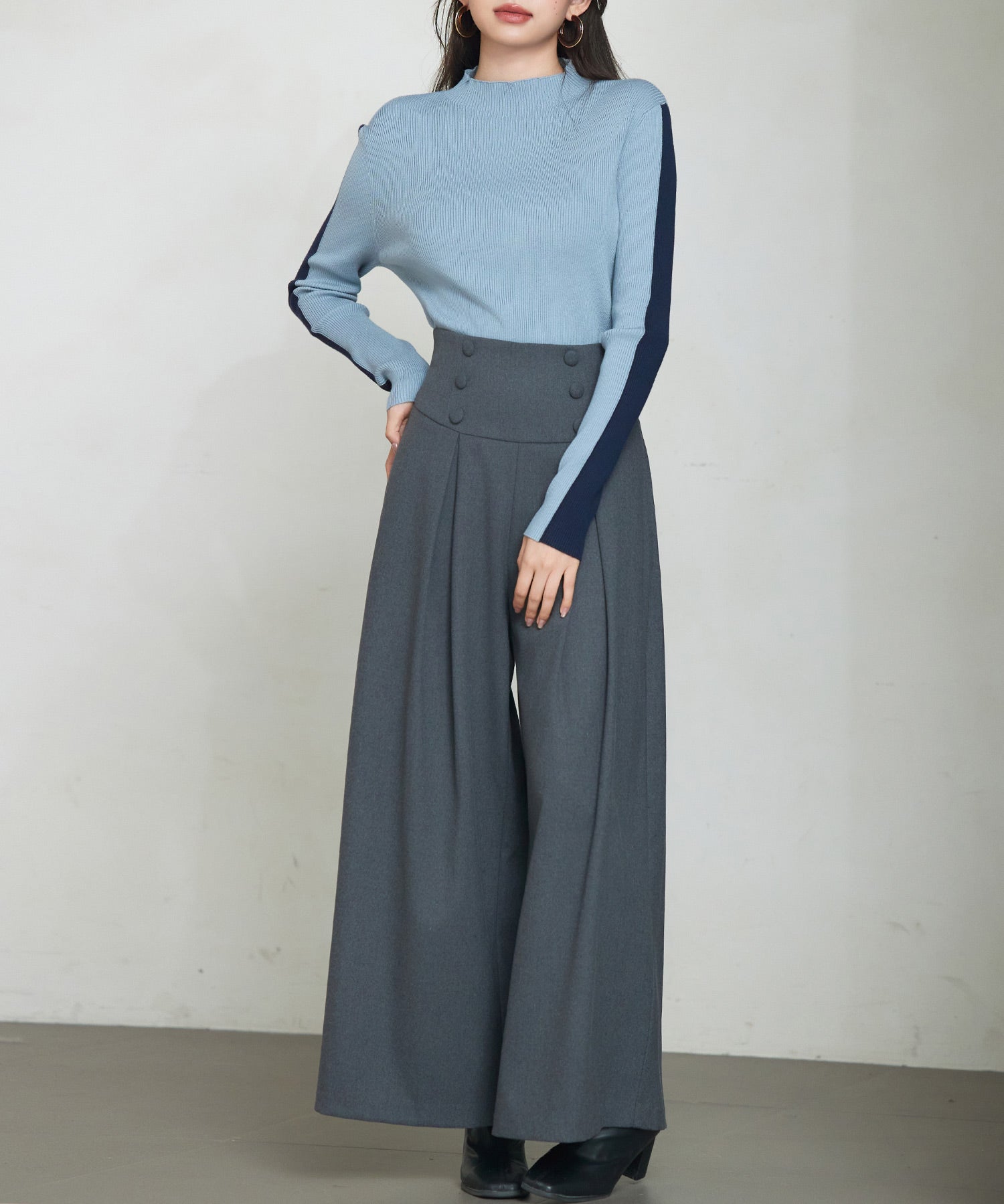 ハイウエストのセーラーワイドパンツsdp0327 チャコール