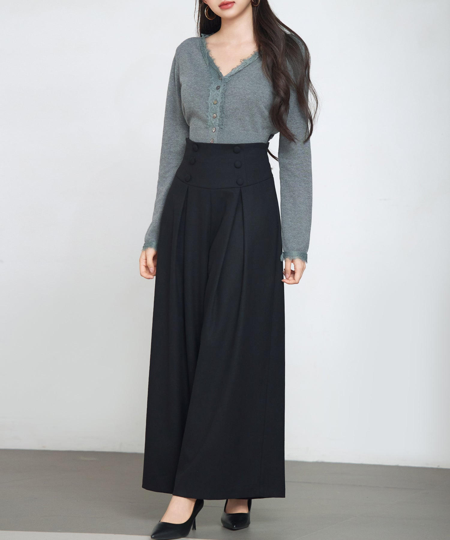 ハイウエストのセーラーワイドパンツsdp0327 ブラック