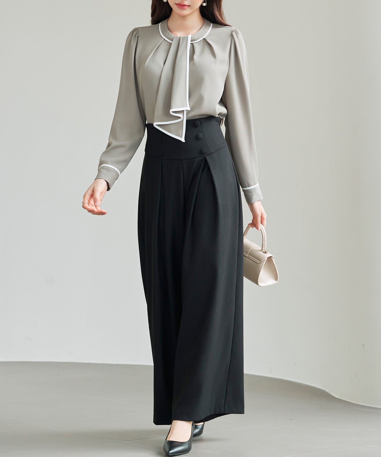 ハイウエストのセーラーワイドパンツsdp0327 ブラック