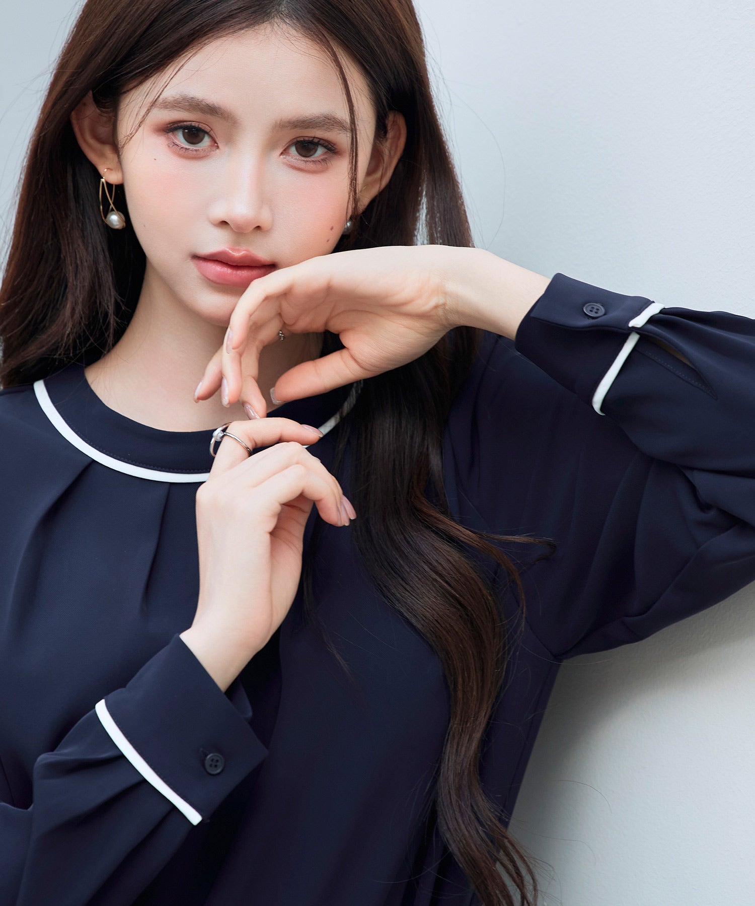 首元2wayボウタイ配色ブラウスsdp0328 ネイビー