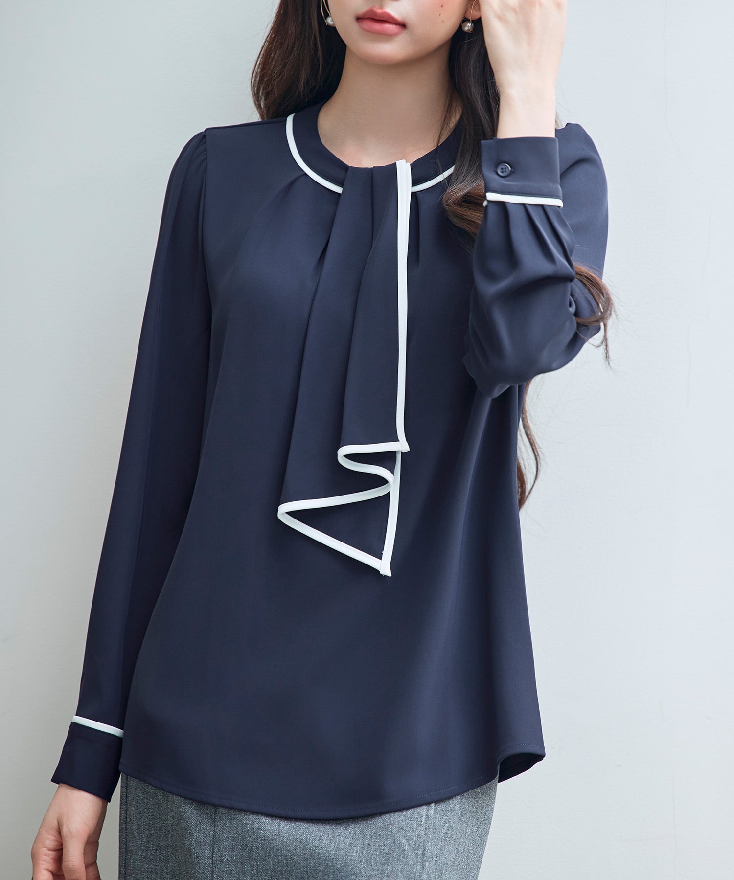 首元2wayボウタイ配色ブラウスsdp0328 ネイビー