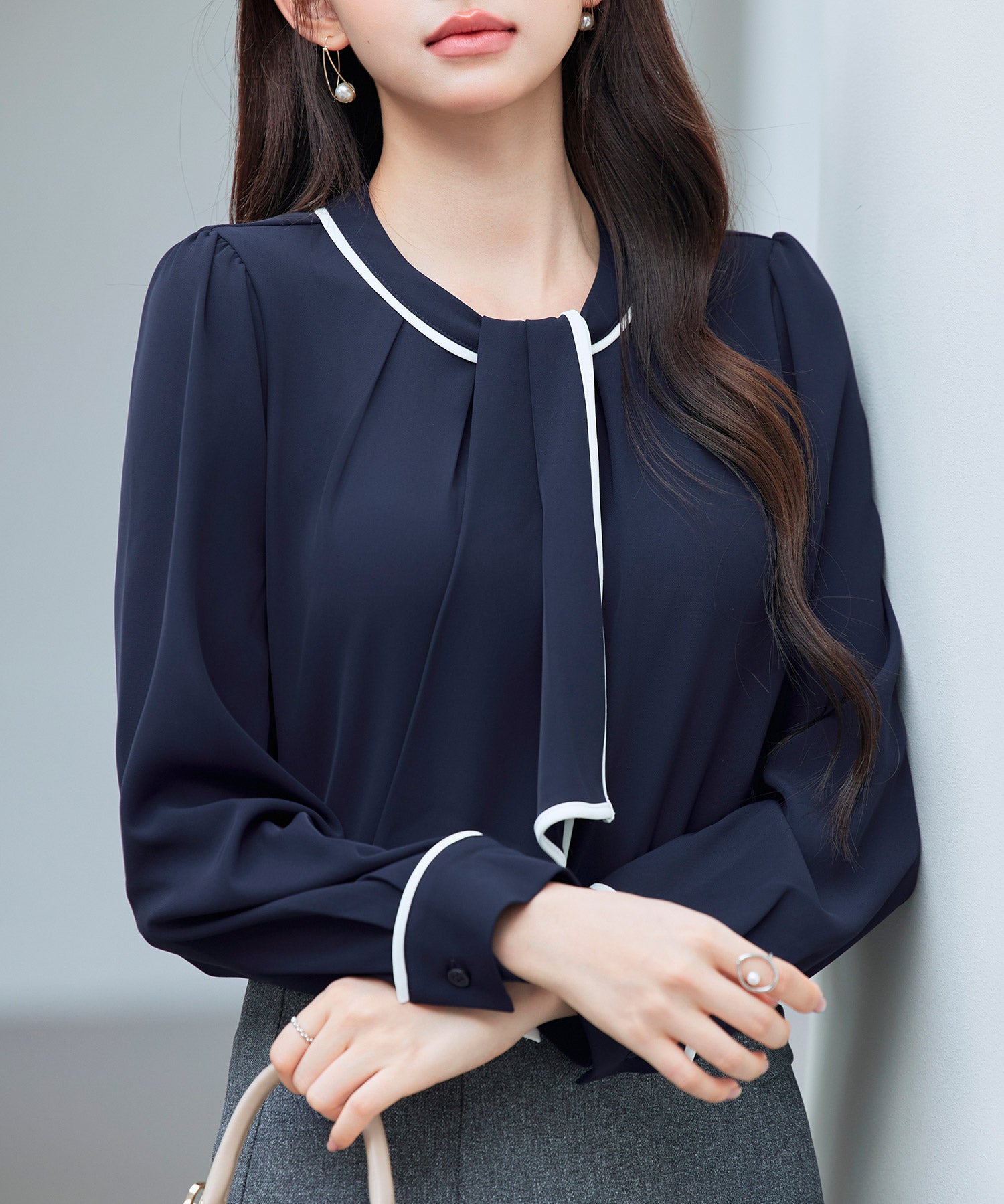 首元2wayボウタイ配色ブラウスsdp0328 ネイビー