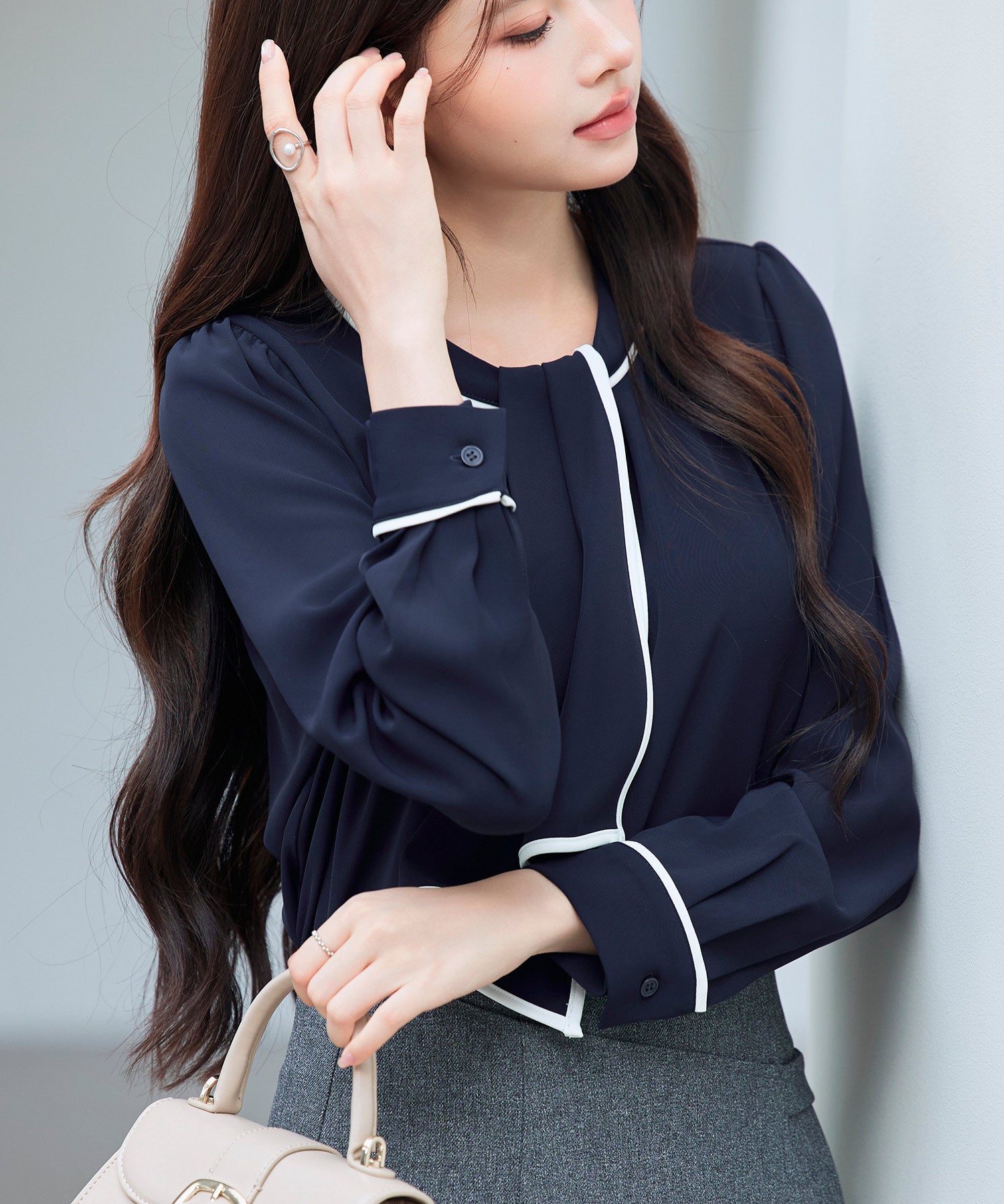 首元2wayボウタイ配色ブラウスsdp0328 ネイビー