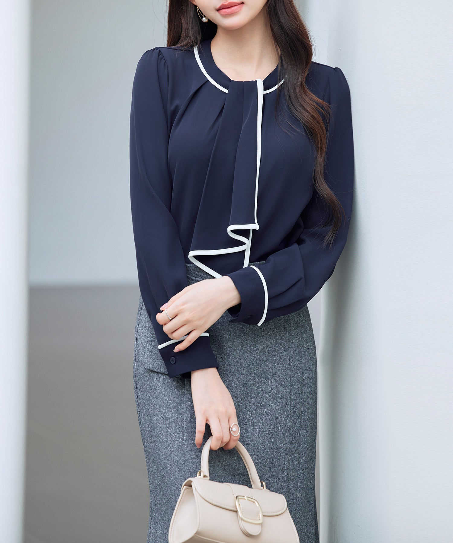 首元2wayボウタイ配色ブラウスsdp0328 ネイビー