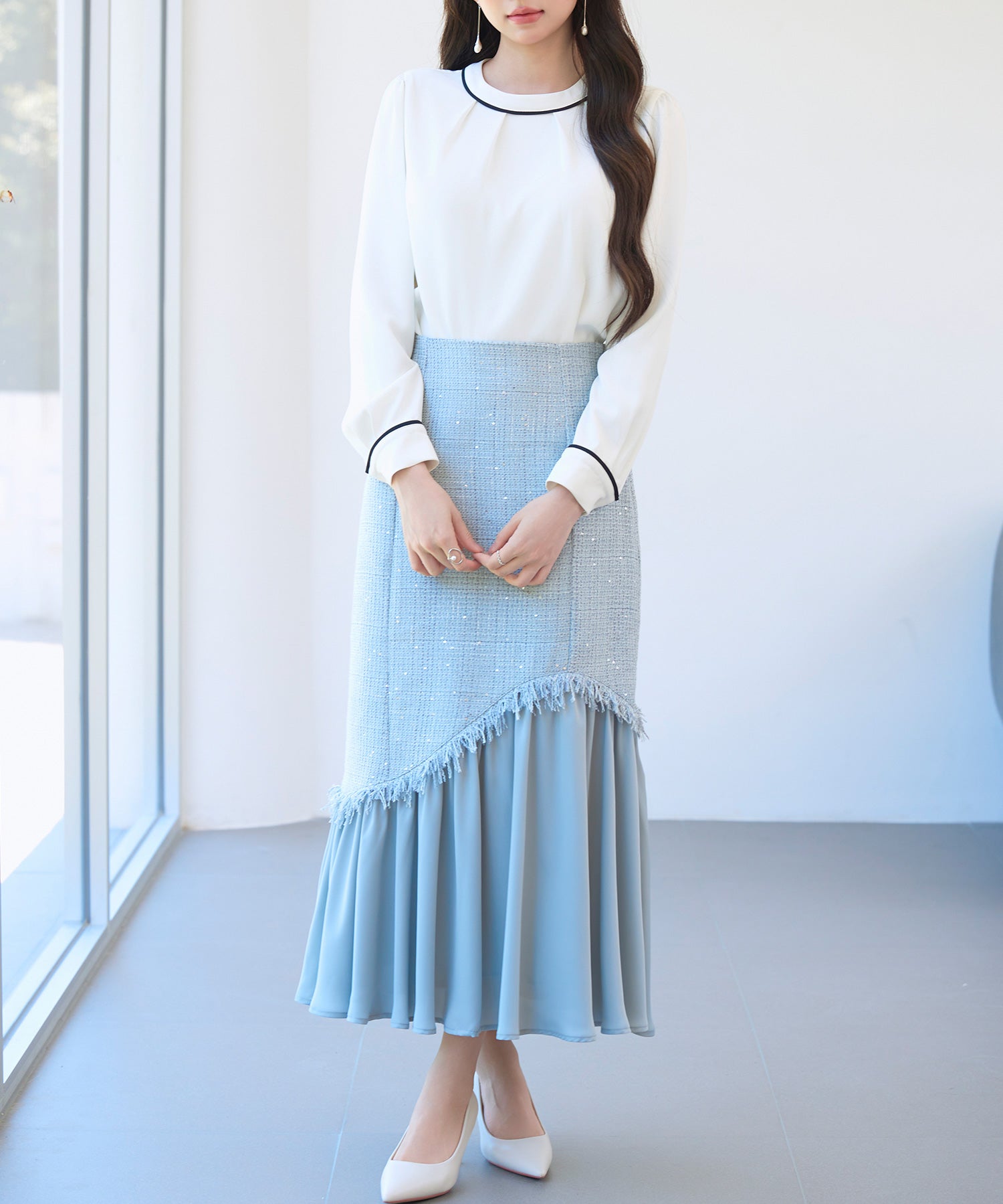 首元2wayボウタイ配色ブラウスsdp0328 ホワイト