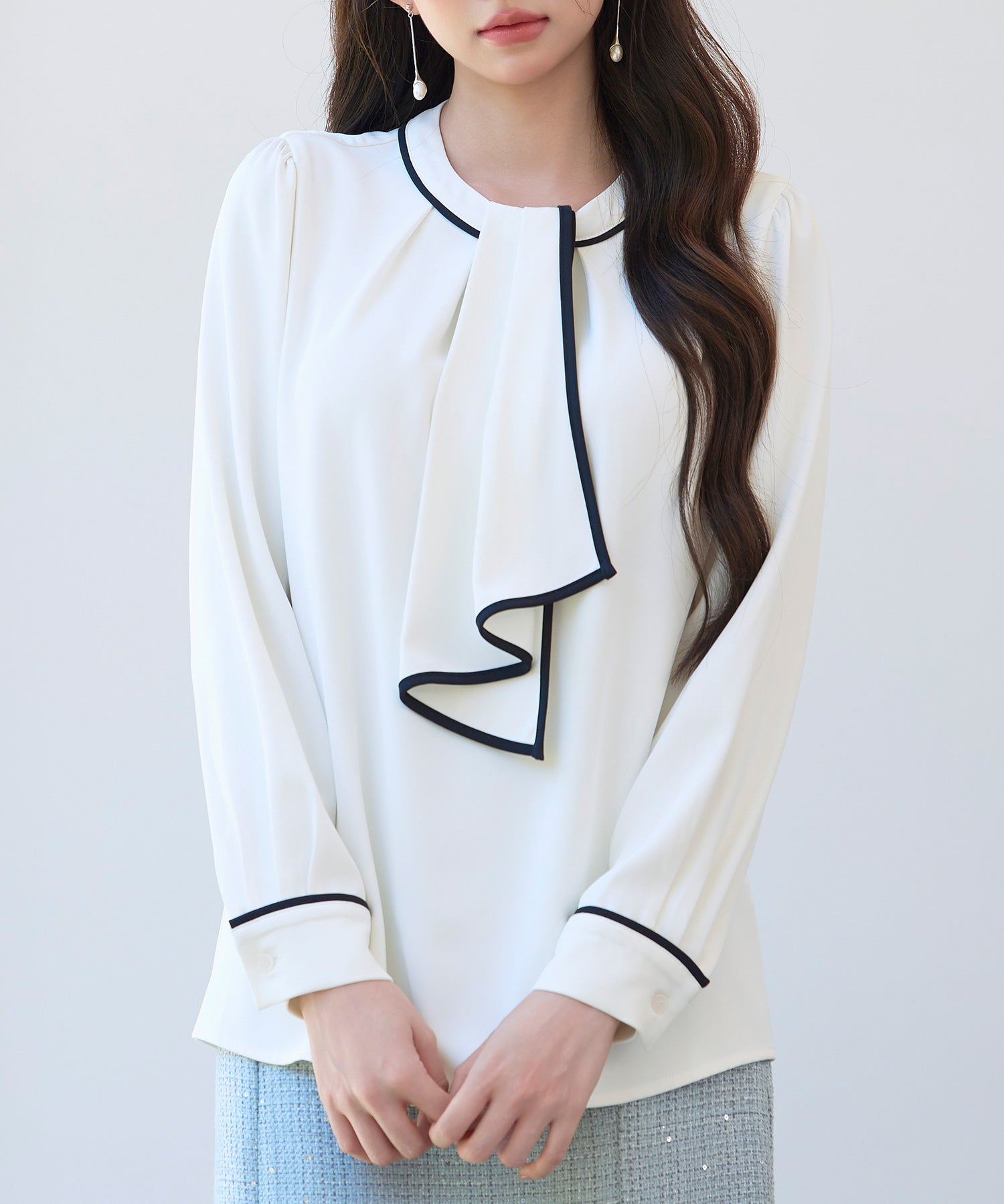 首元2wayボウタイ配色ブラウスsdp0328 ホワイト