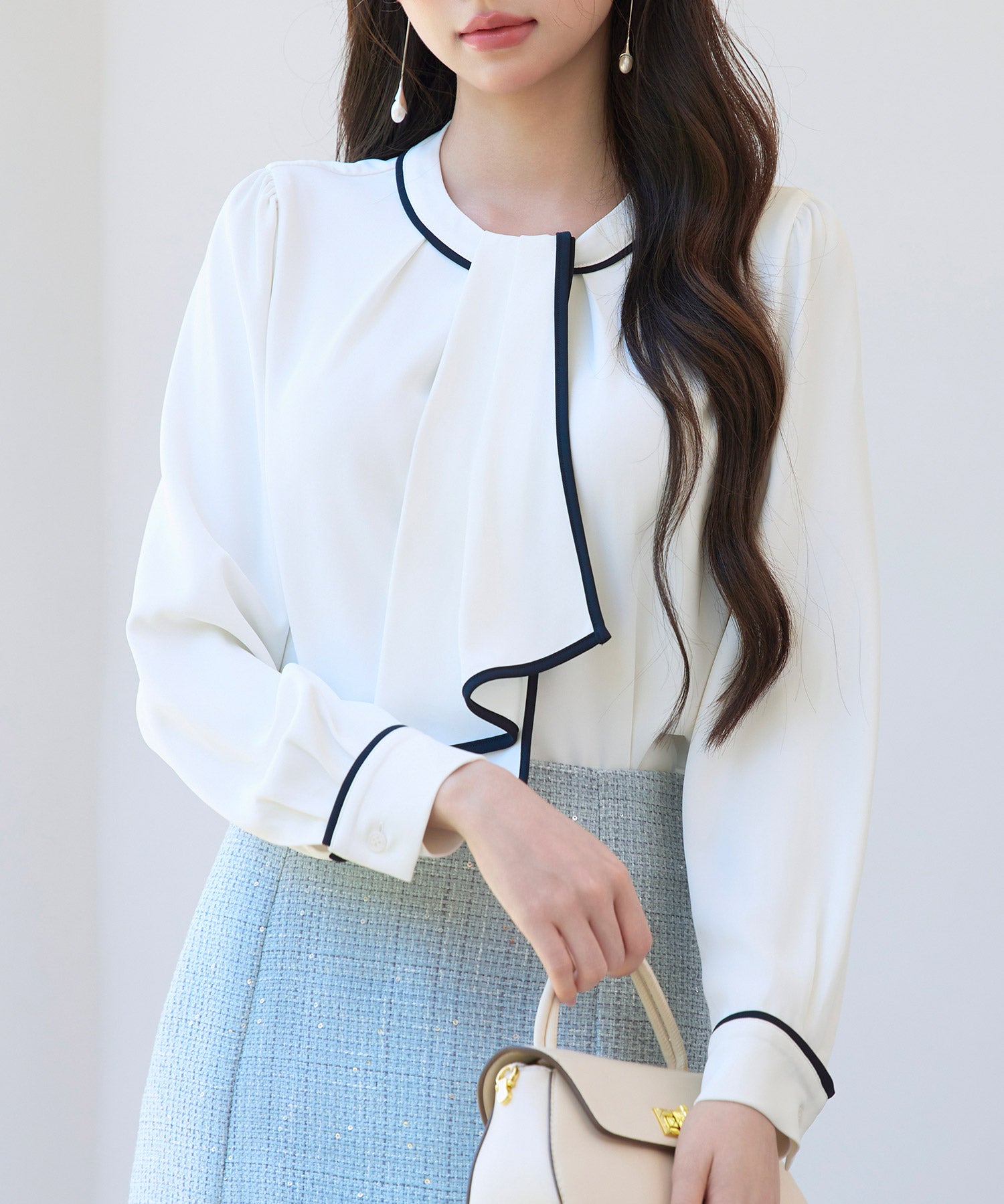 首元2wayボウタイ配色ブラウスsdp0328 ホワイト
