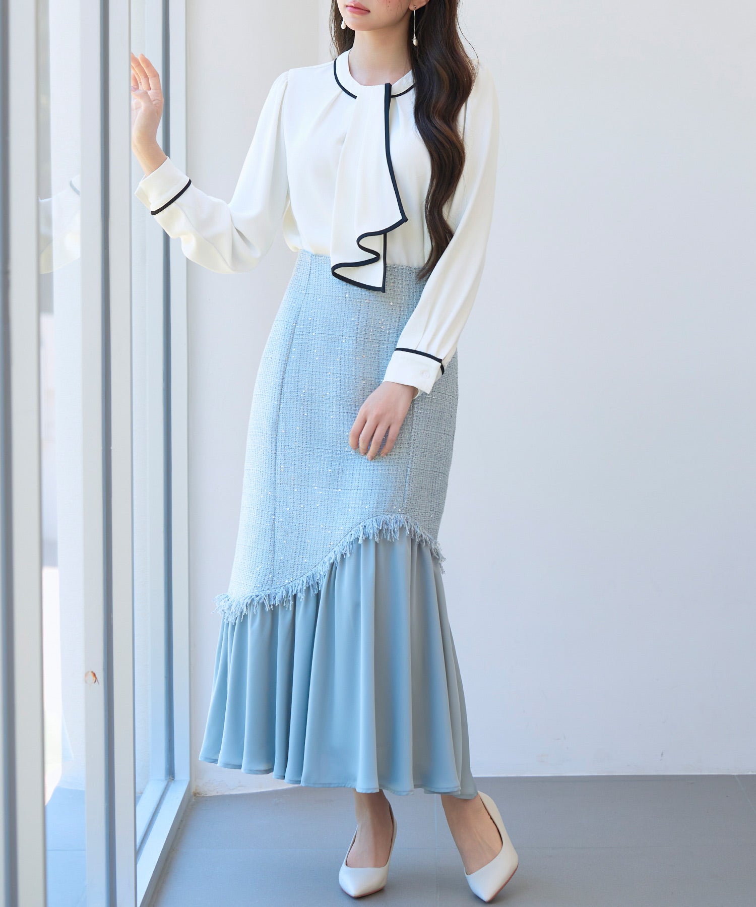 首元2wayボウタイ配色ブラウスsdp0328 ホワイト